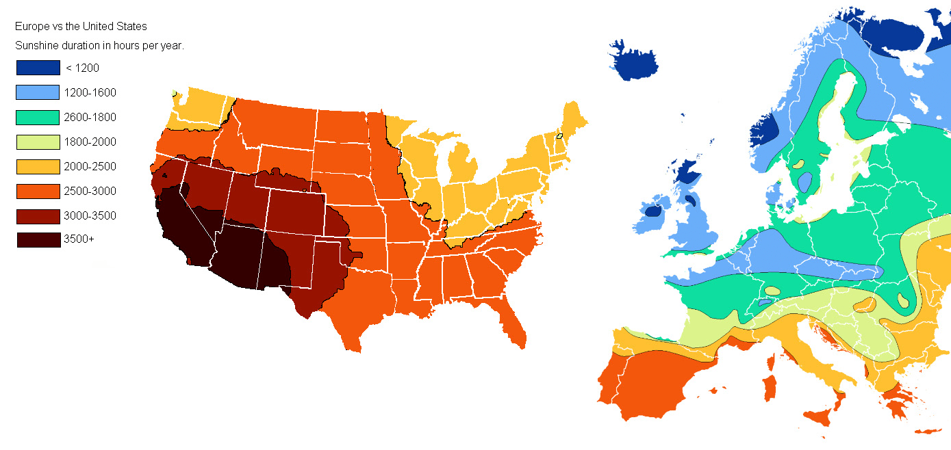 The U.S. vs Europe sunshine duration in hours per year r/bekescsaba
