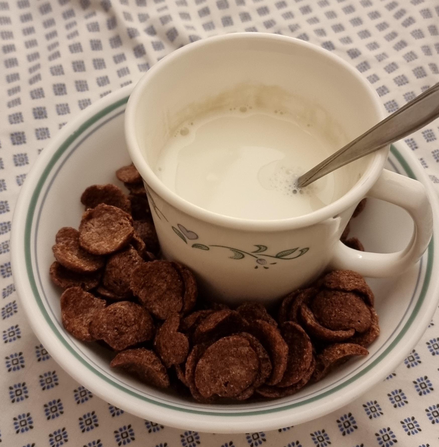 my setup. milk mug in middle. cereal supply all around. keep adding the