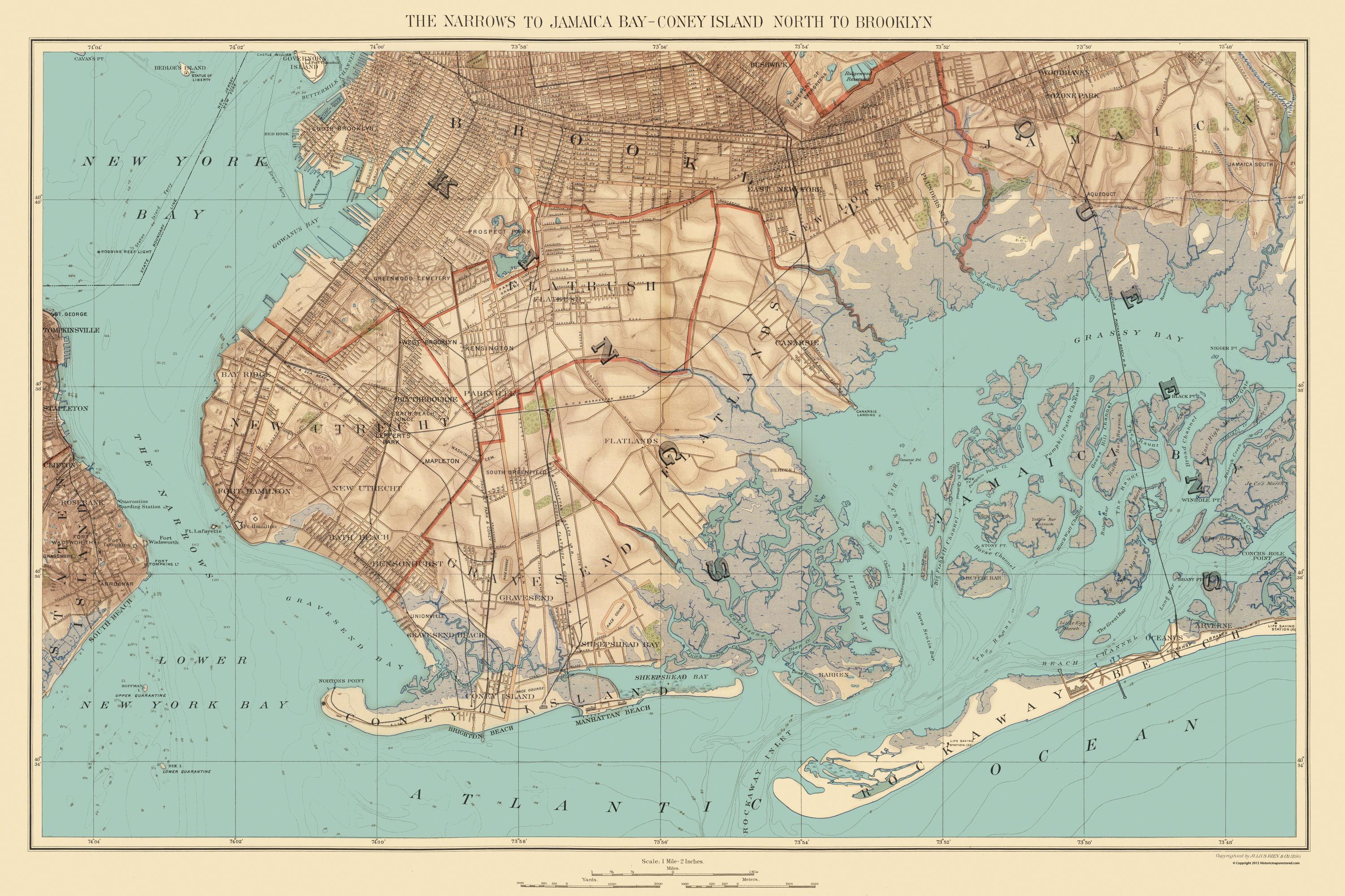 map of The Narrows to Jamaica Bay, Coney Island north to Brooklyn in