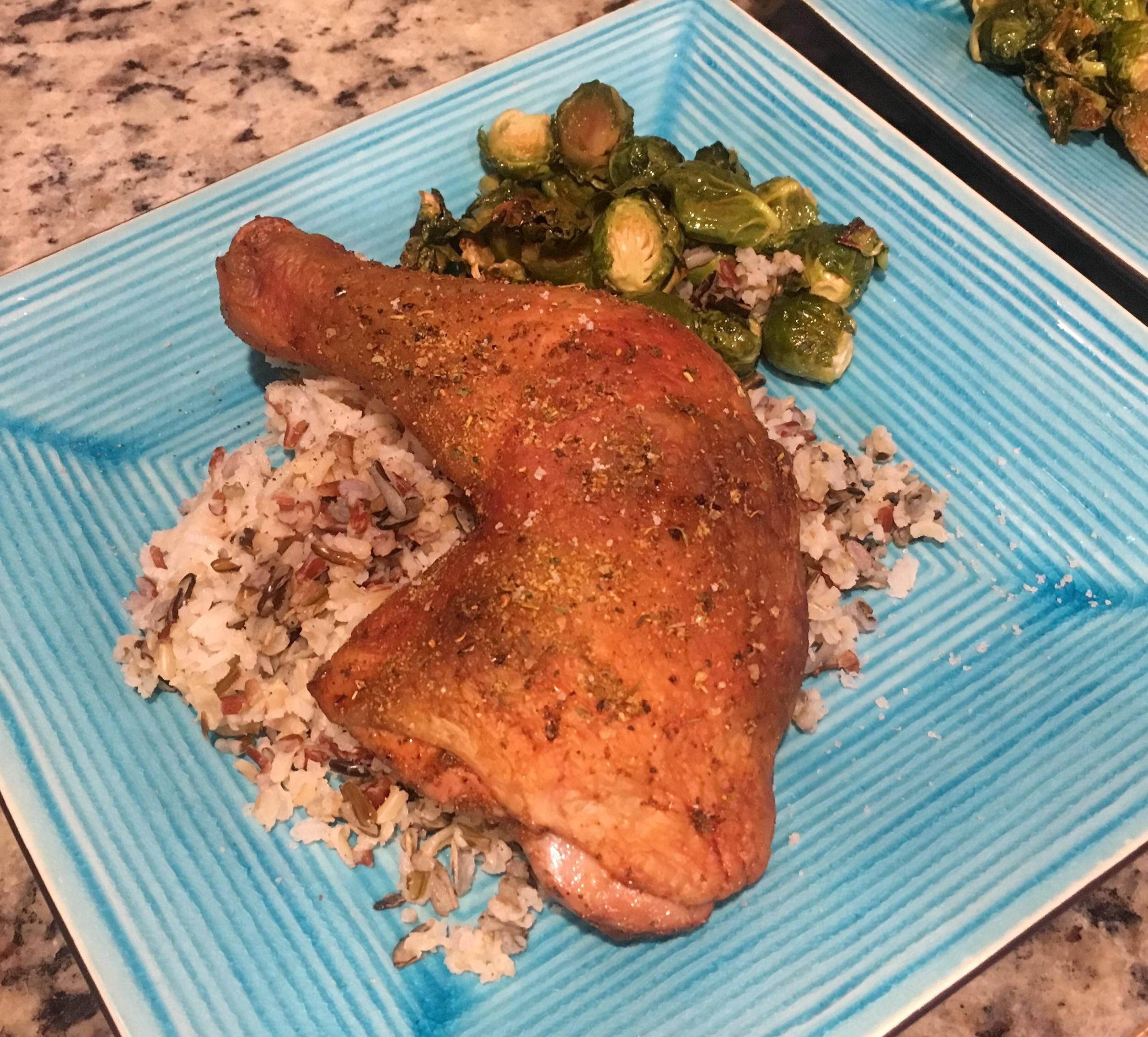 Crispy Baked Chicken Leg Quarters, Maple Glazed Brussel Sprouts and Wild Rice r/tonightsdinner