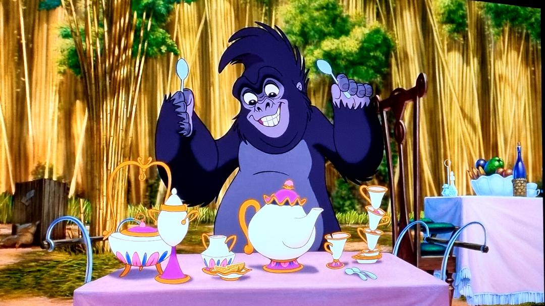 Tarzan (1999), Mrs. Potts and Chip from Beauty and the Beast are seen