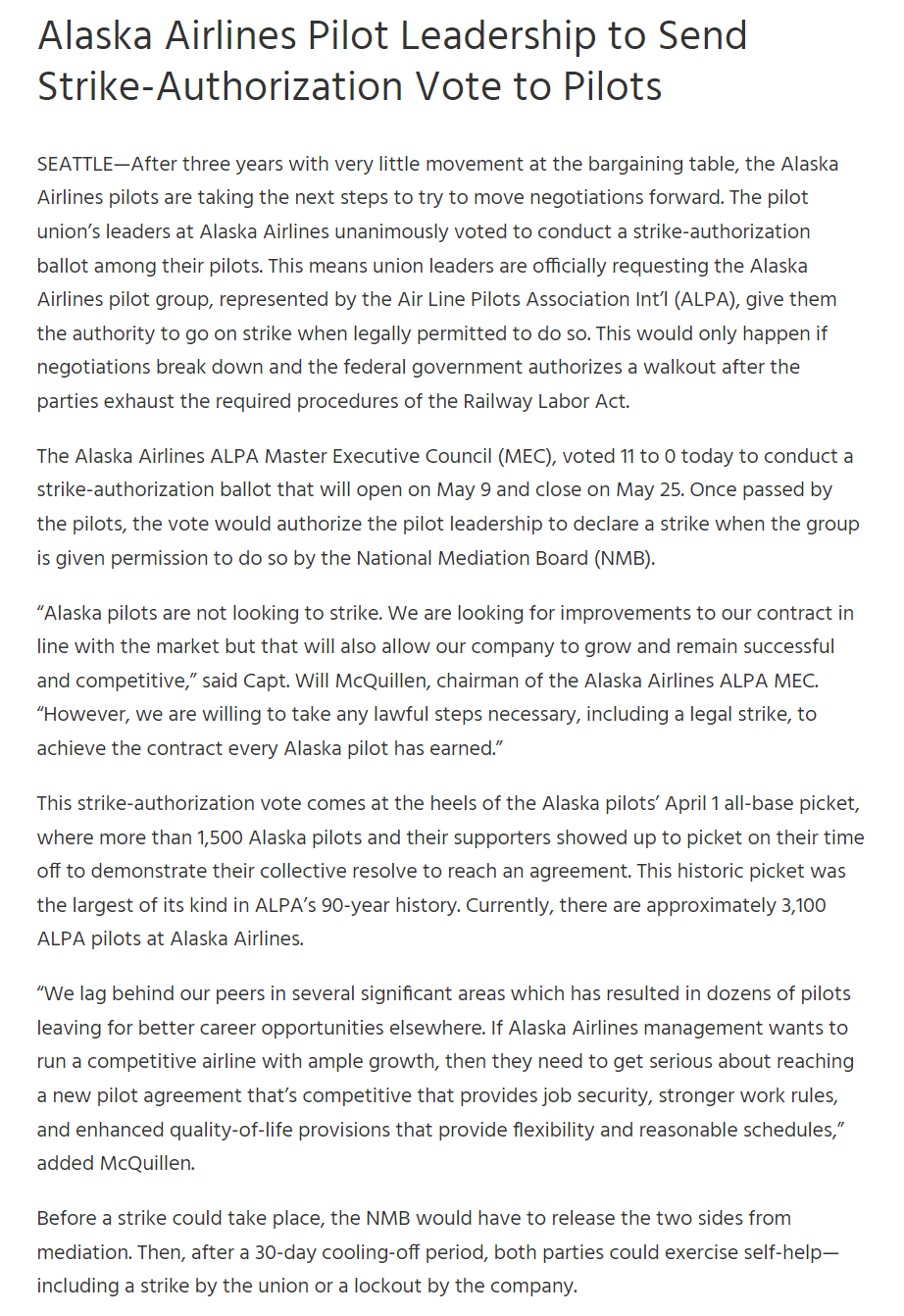 Pilot negotiations update r/AlaskaAirlines