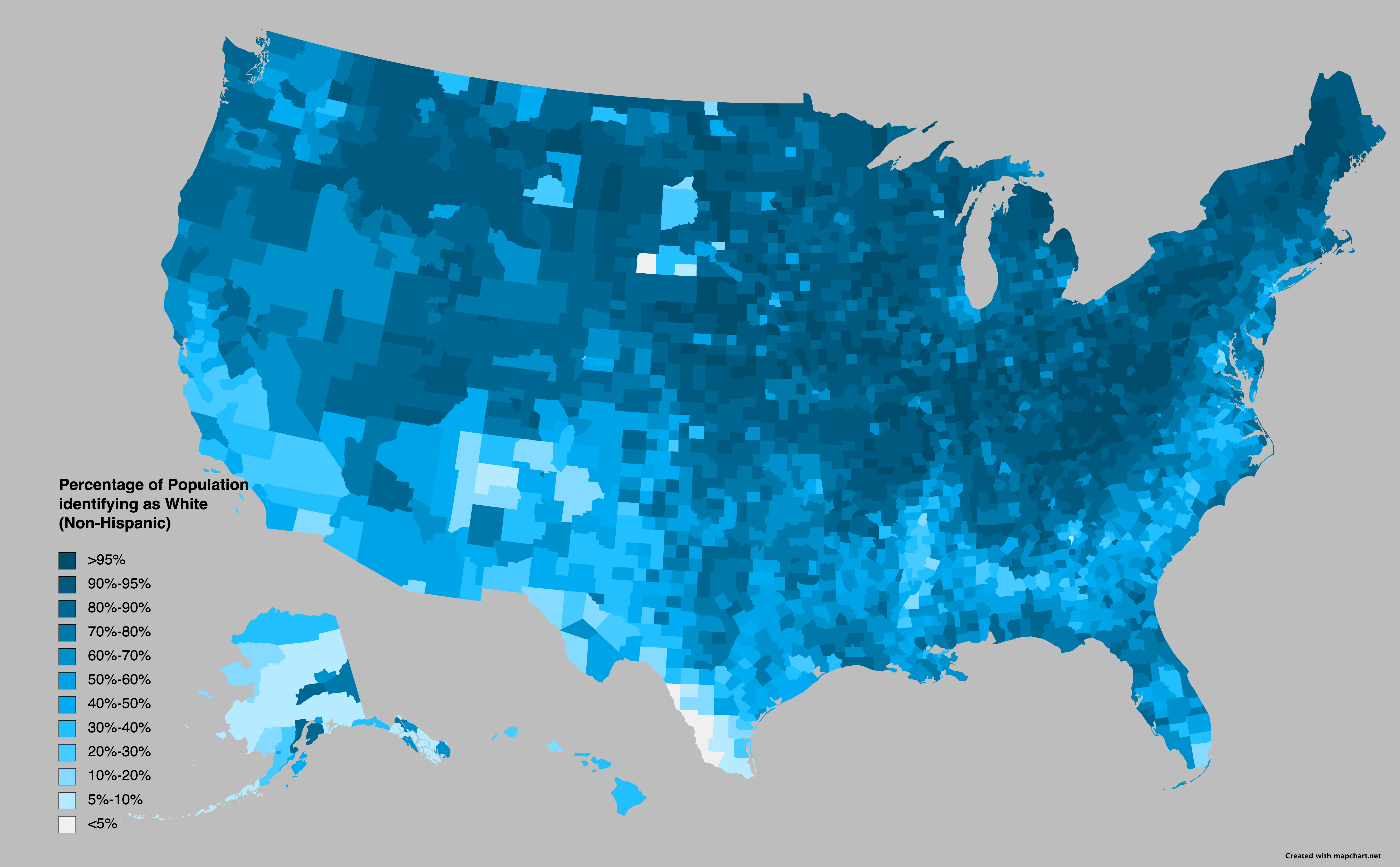 [OC] Percentage of Population identifying as White per US County (Non