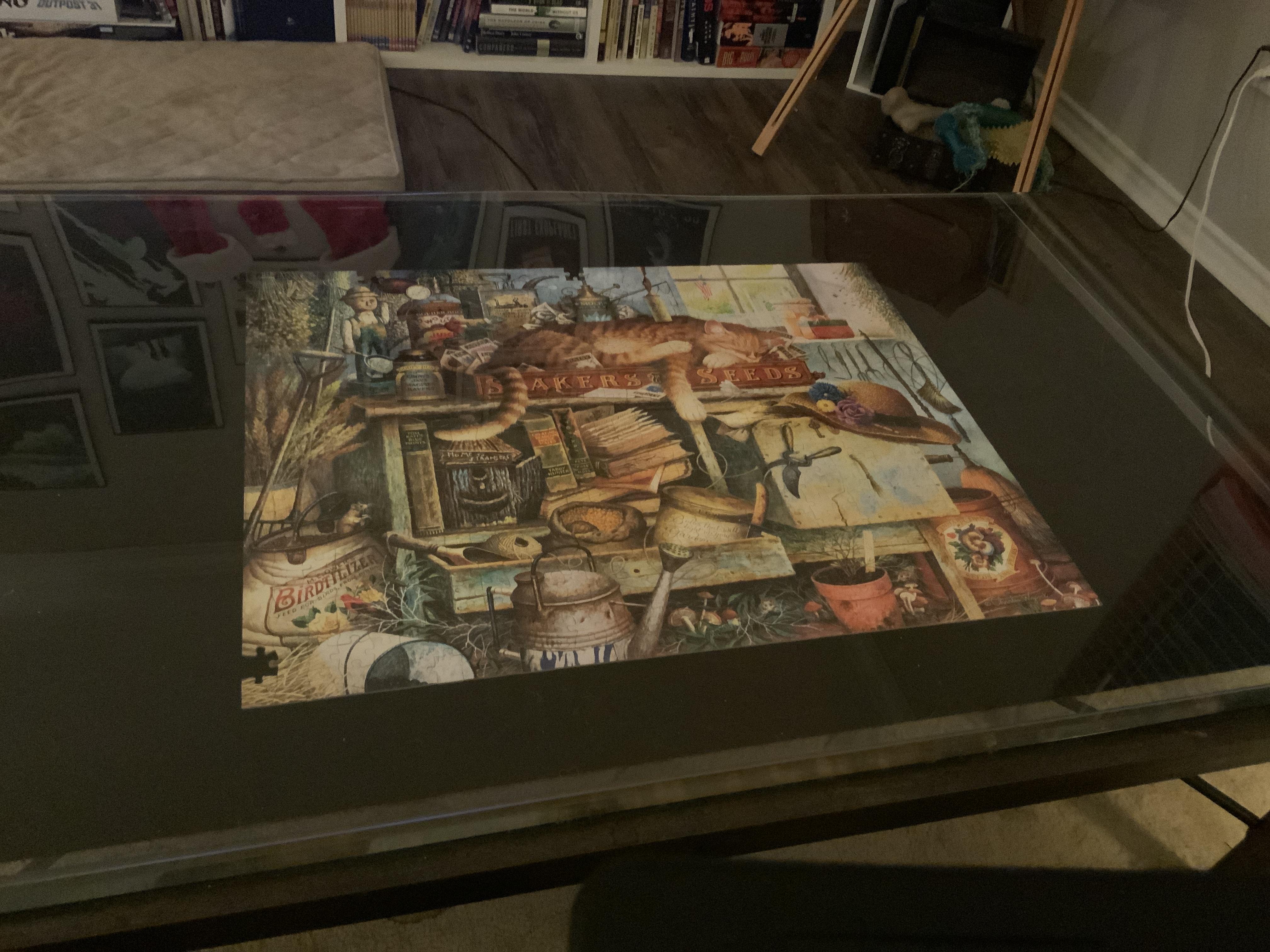 Coffee table/puzzle station, bought acrylic sheet to cover puzzle so