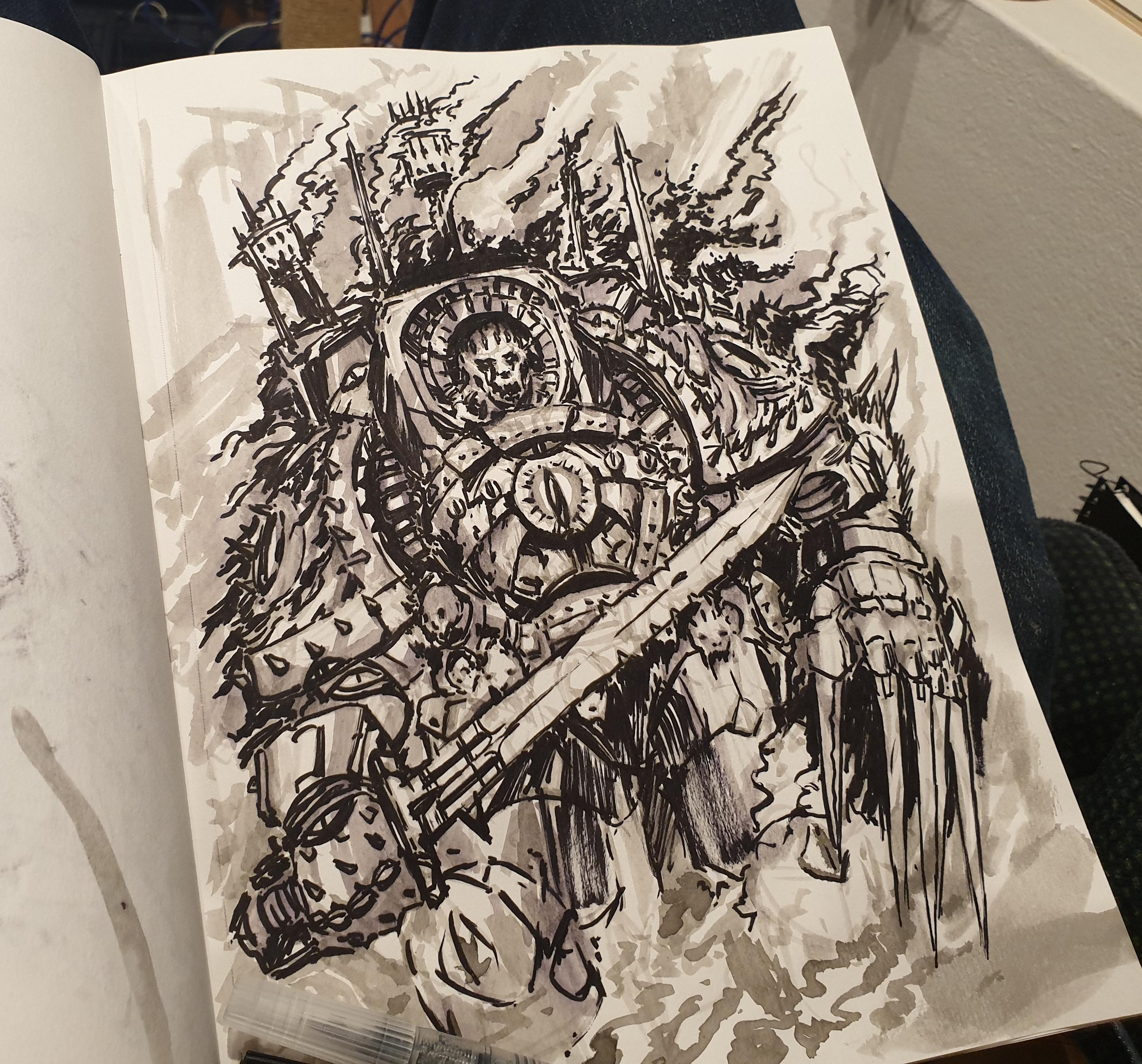 Brush pen and chaos Terminator armour. My 40k sketchbook. r/Warhammer40k