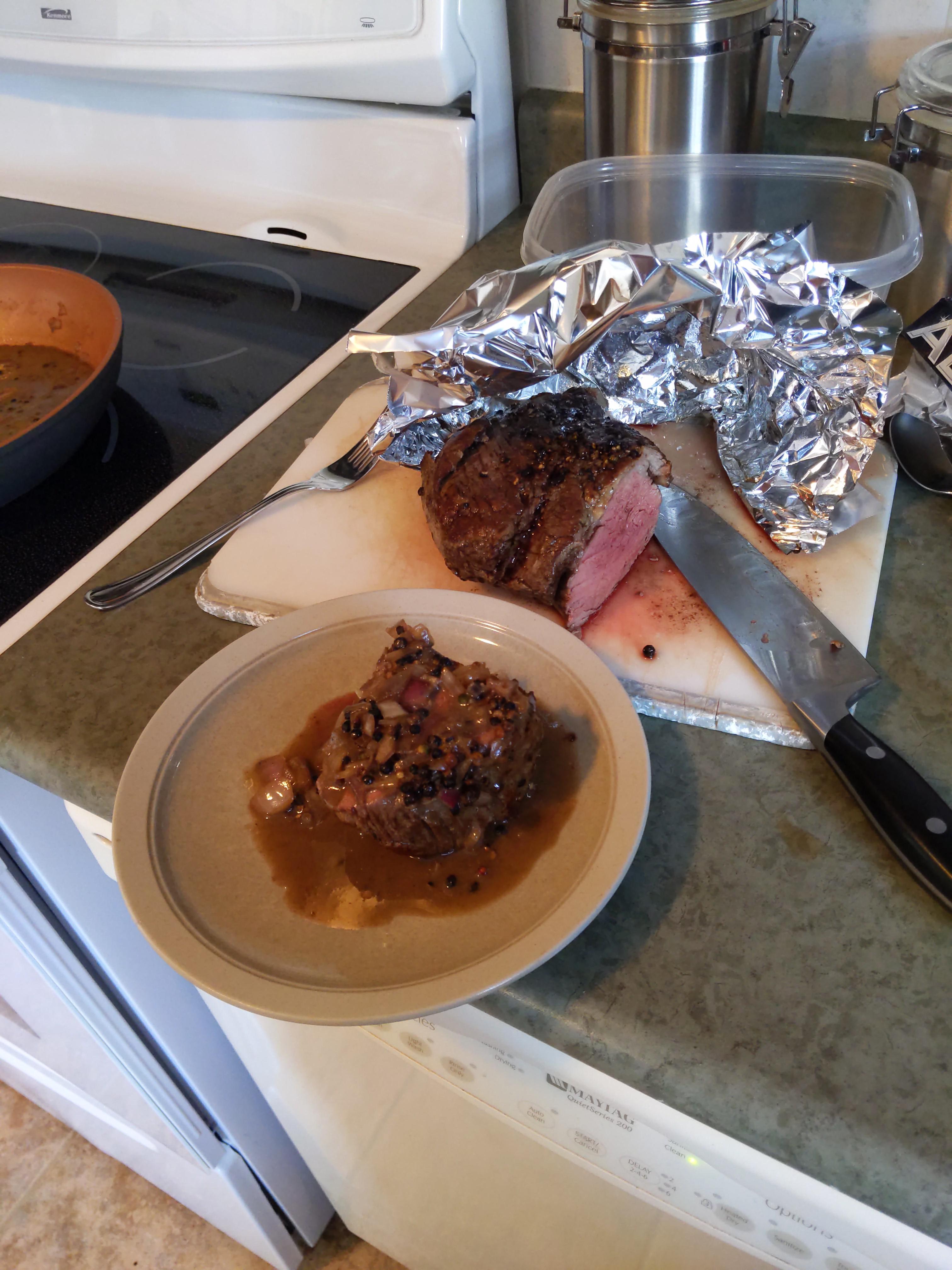 [Homemade] Beef tenderloin with whiskey pepper sauce r/food