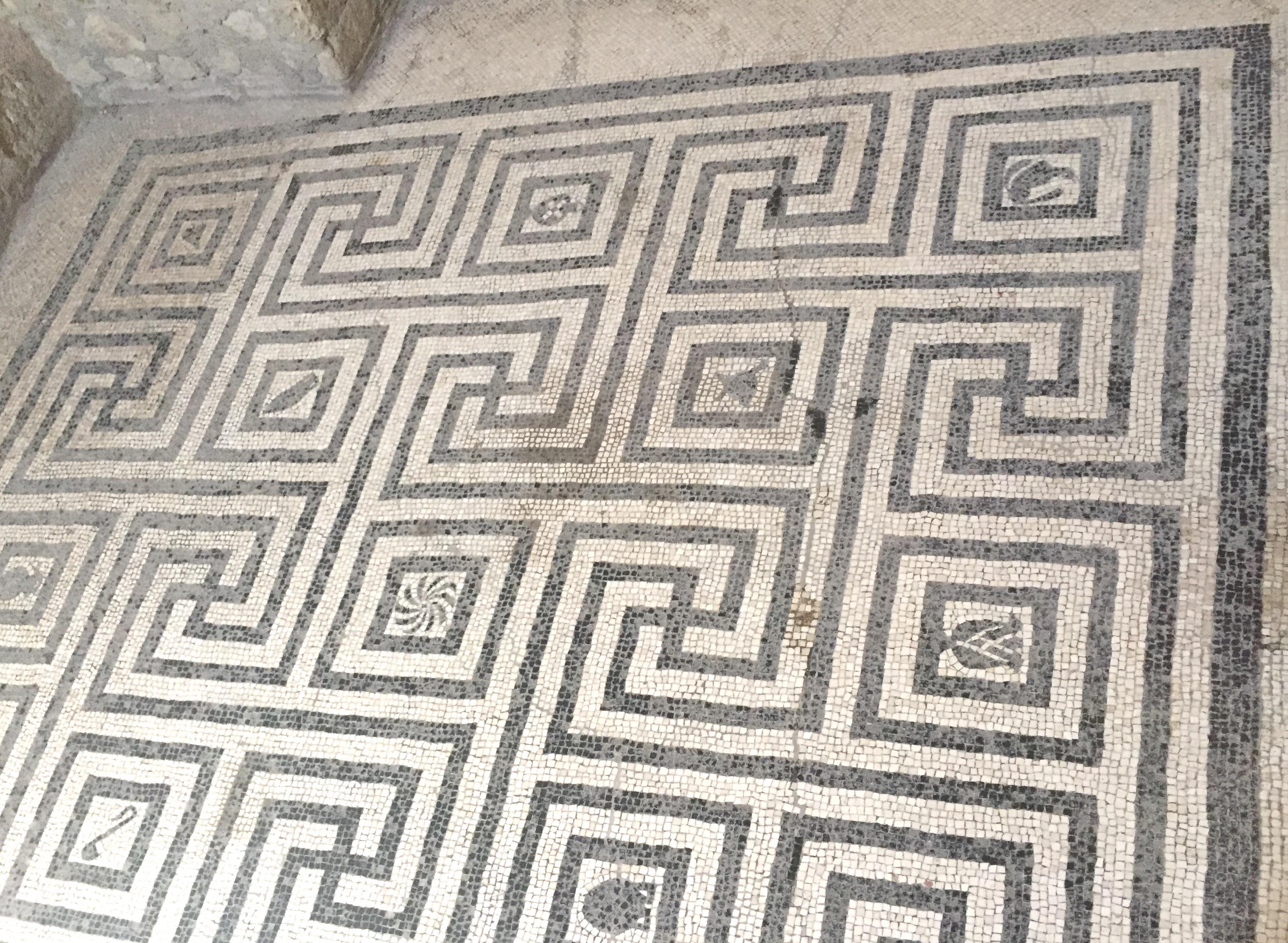 Roman mosaic floor in the women's bathing complex at Herculaneum, 1st century CE. This room was
