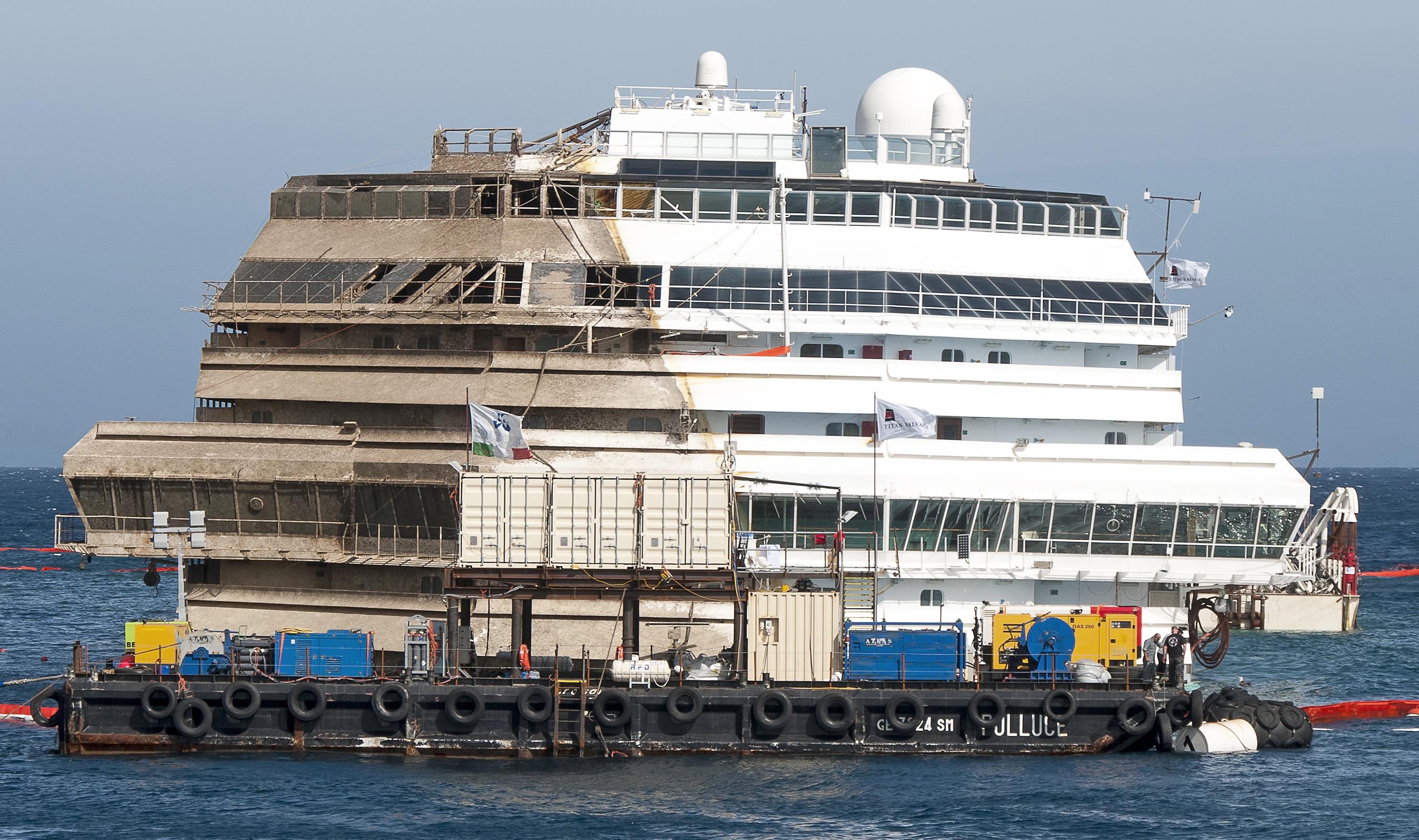 The Italian cruise ship, Costa Concordia, upright after