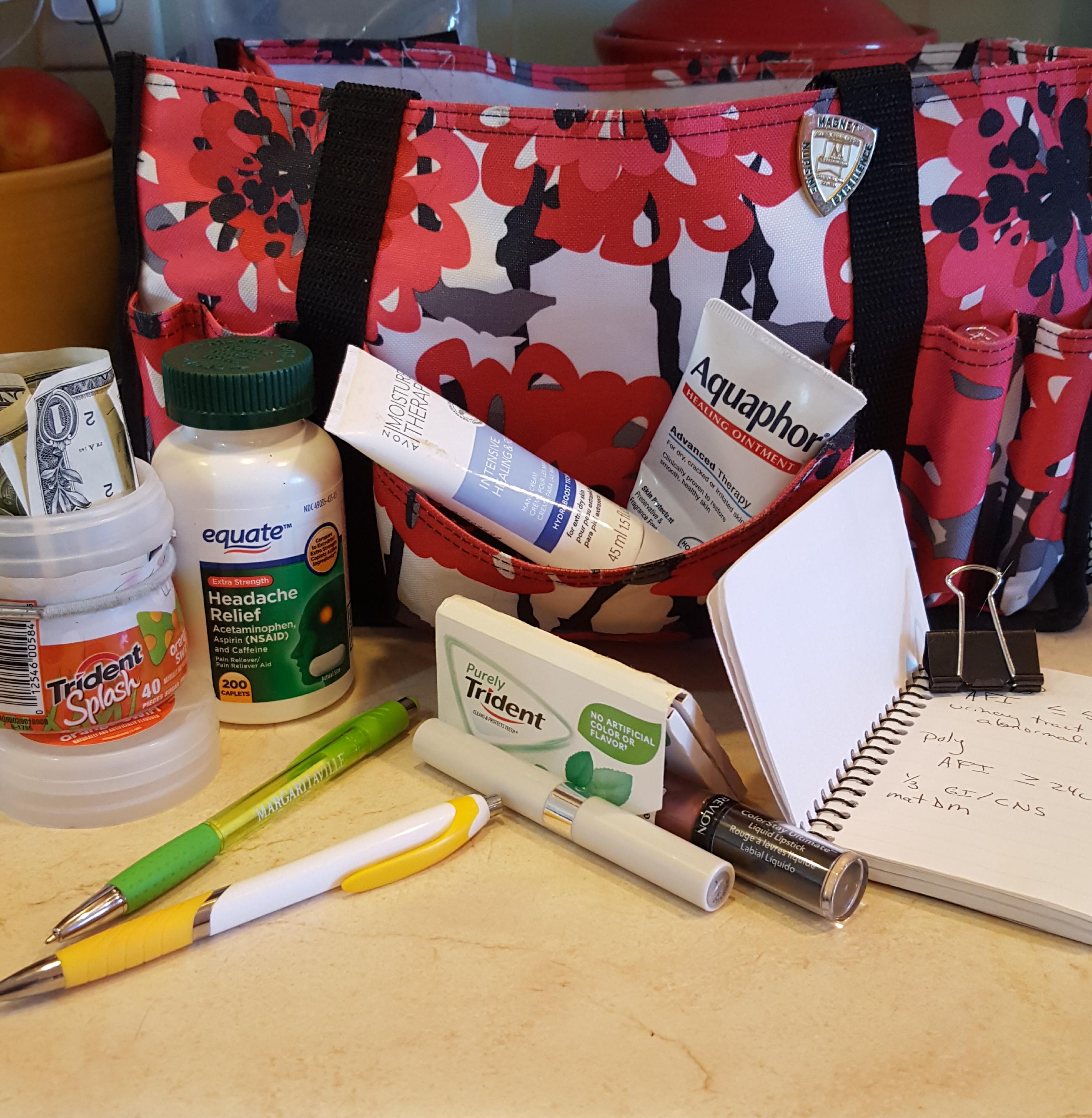 What's in your work bag? (not pictured, enough food for a 12 hour shift