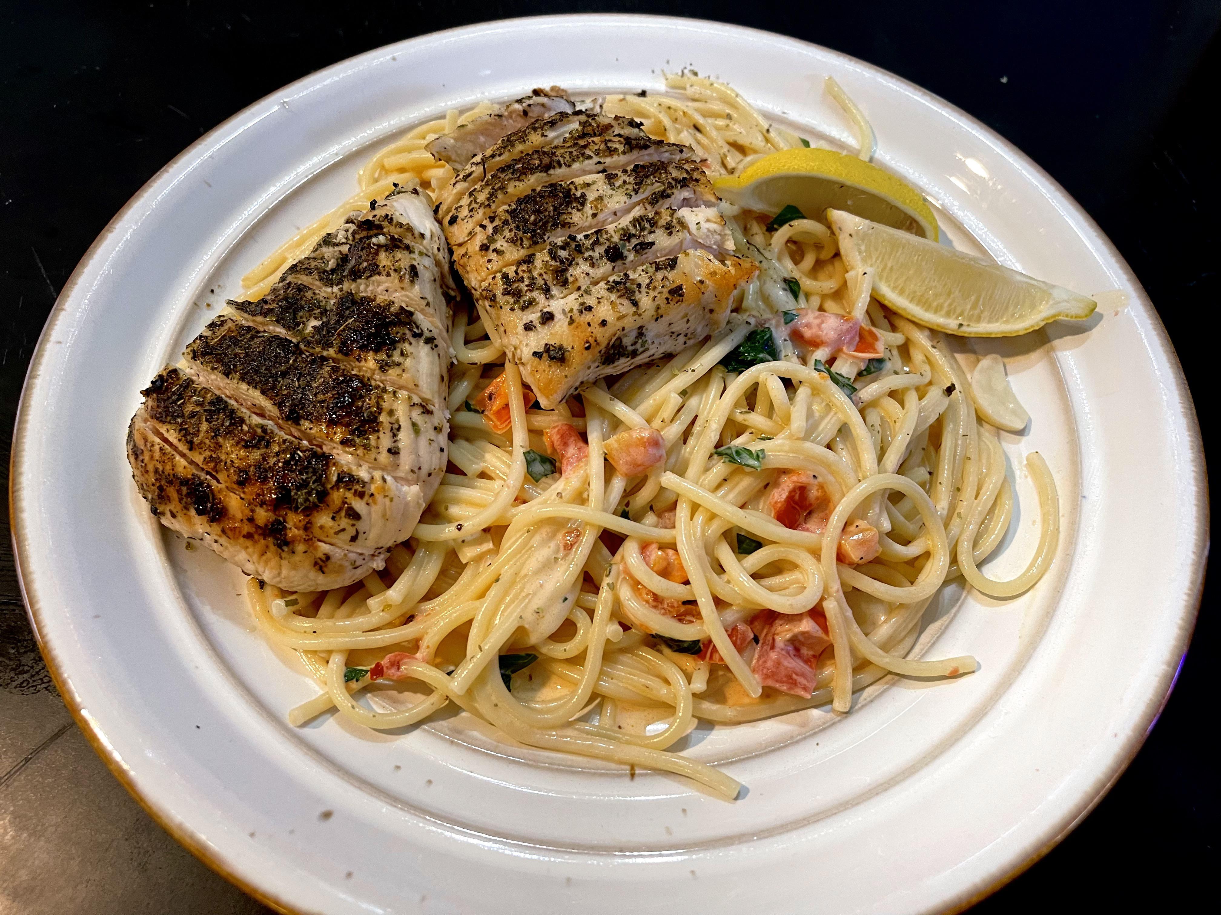 Aglio e olio pasta with chicken. 9/10, I adding fresh lemon