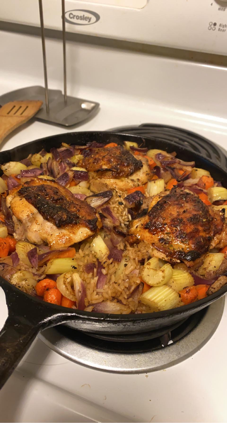 Chicken thigh and rice bake was so good and super easy! r