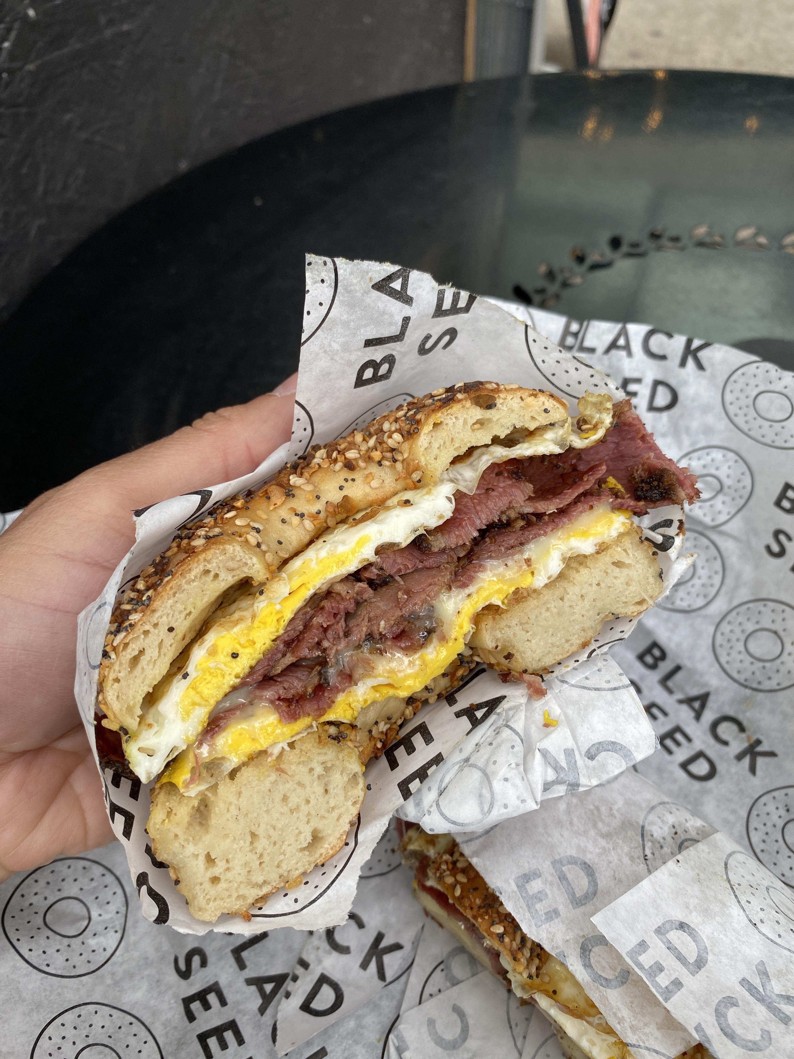 Pastrami, egg & cheese on GF everything bagel Black Seed Bagels NYC