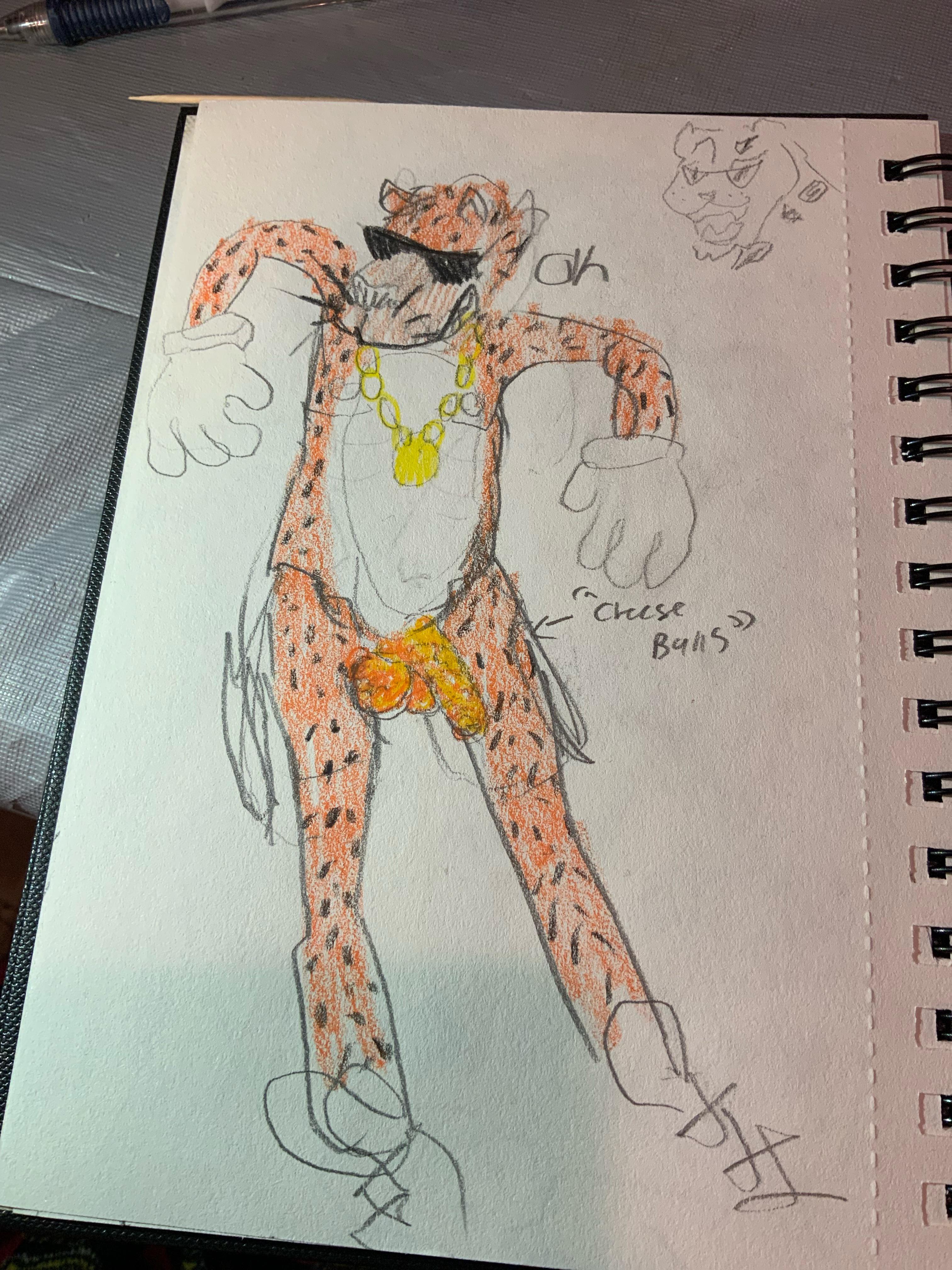A sketch of cheddar the Cheeto with he cheese balls out ;) r/MeatCanyon
