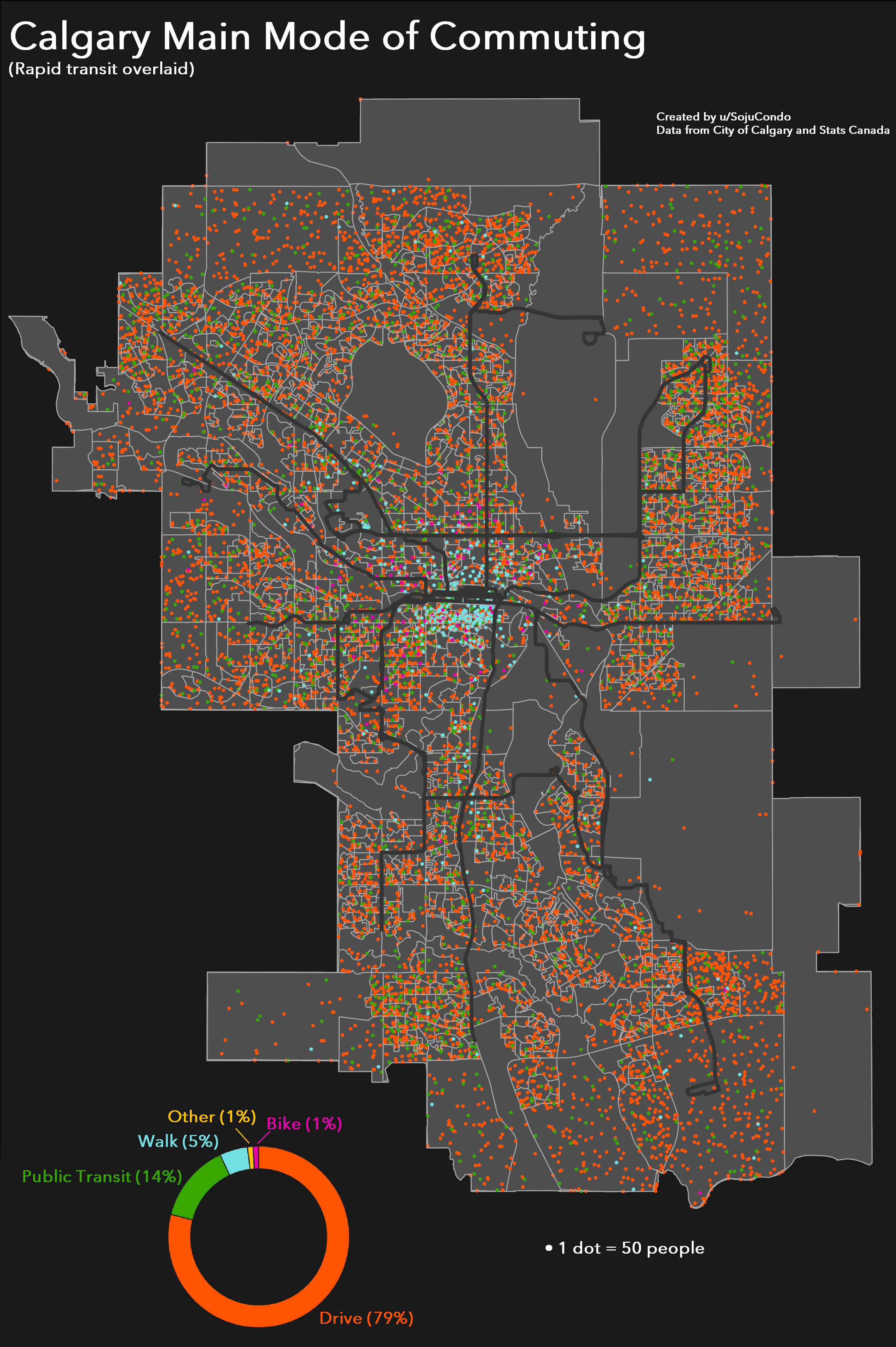 [OC] Main mode of commuting for Calgary r/MapPorn