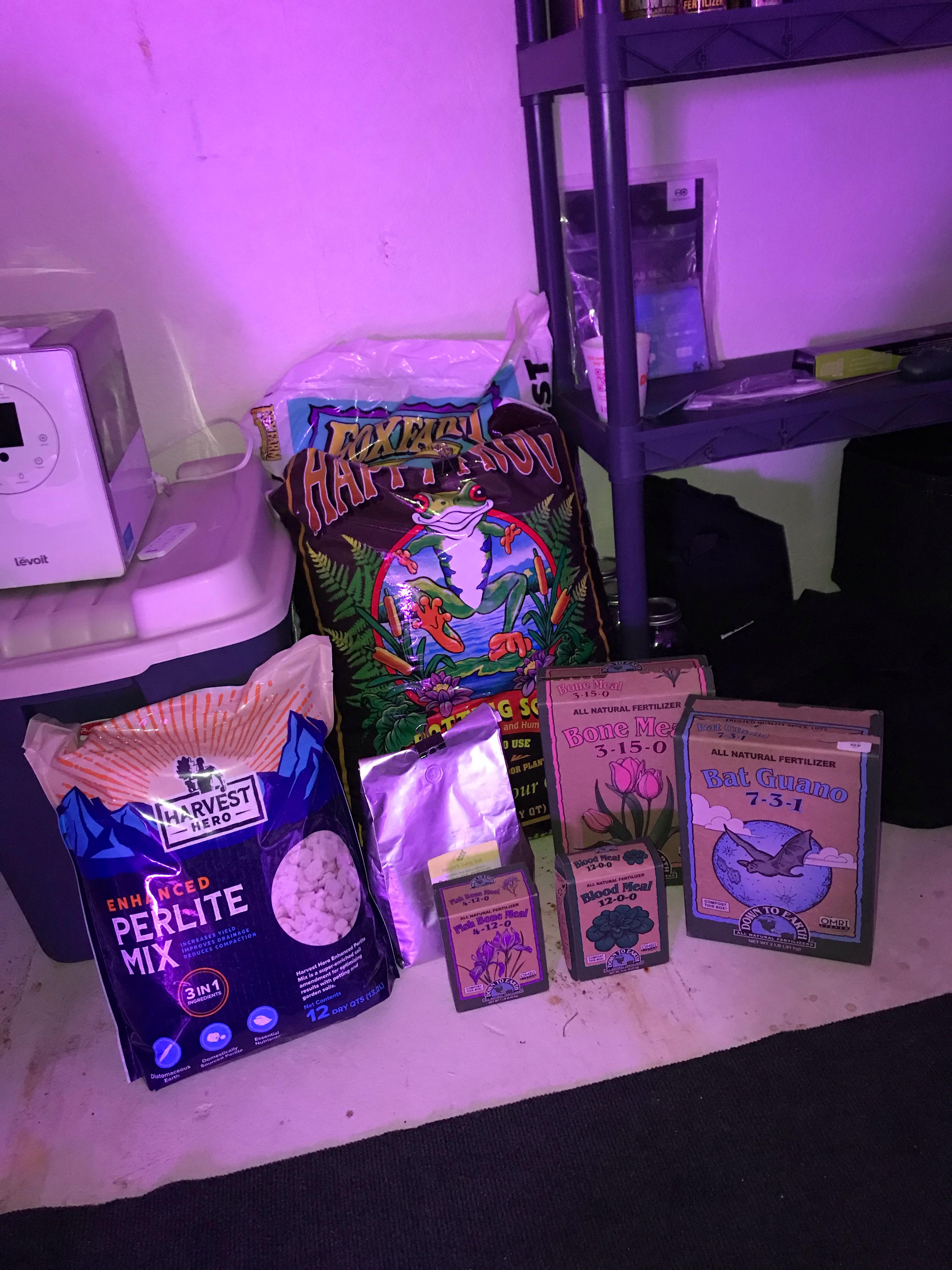 Stacked living soil mix im fixing up for my Roswell Cookies (silver bag