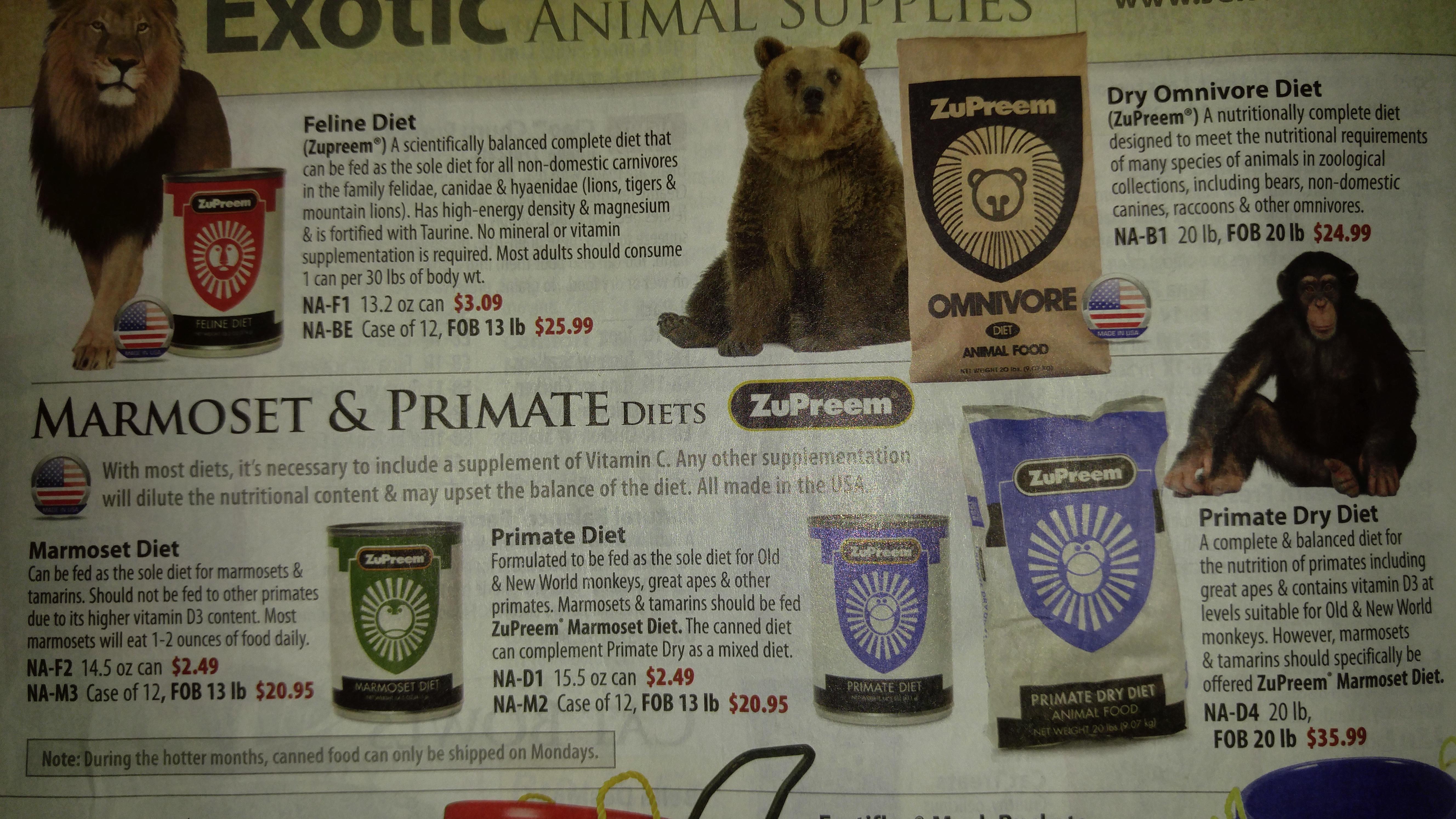 This pet supply catalog sells lion, bear, and monkey food. r