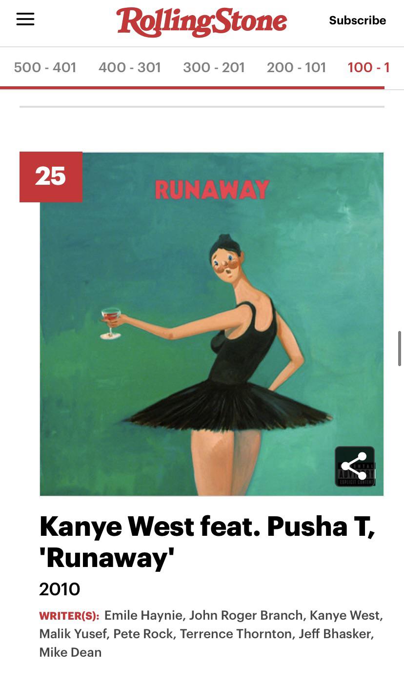 Runaway is the 25th greatest song ever according to RollingStone r