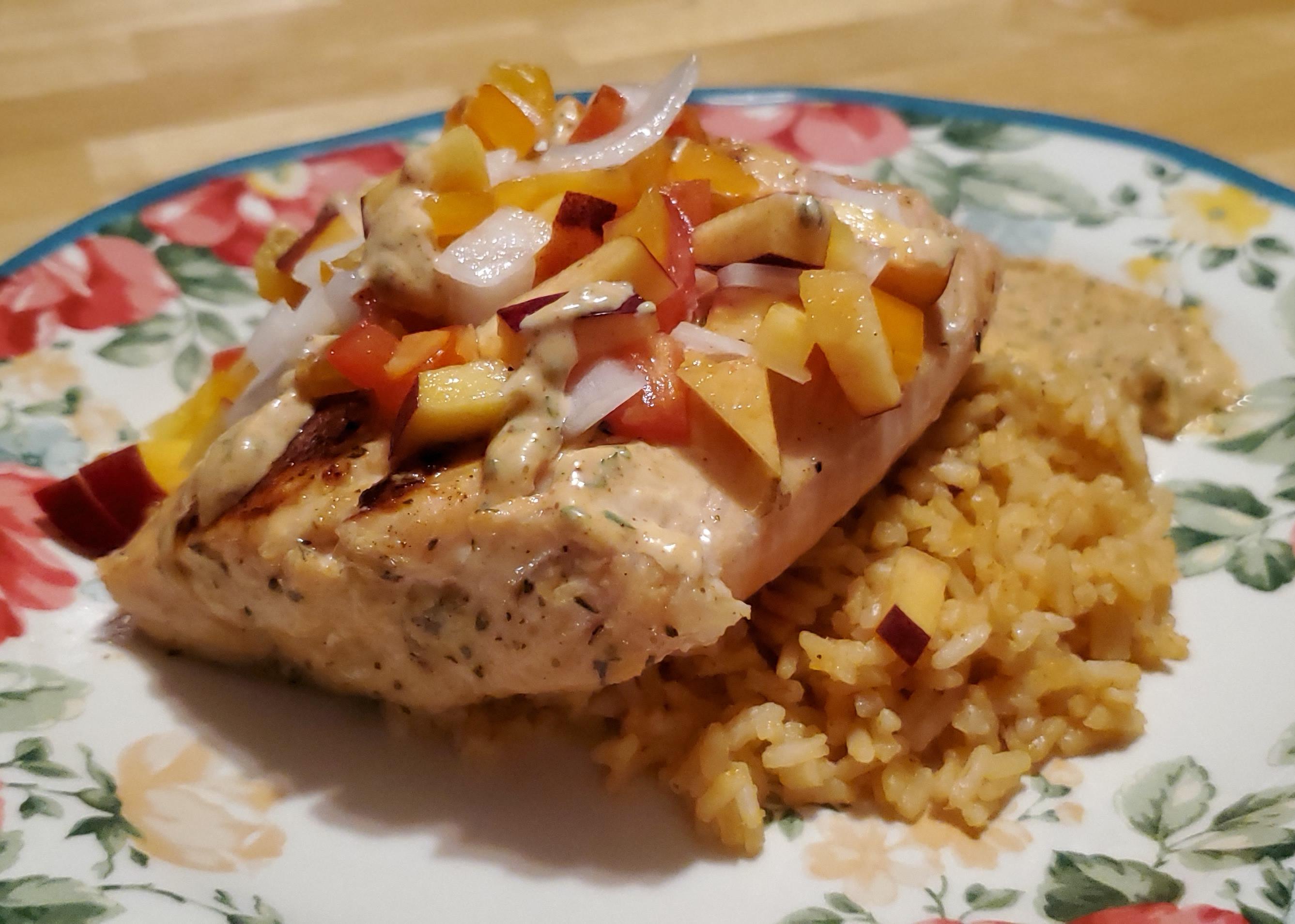 I made pan seared salmon with Spanish rice, habanero nectarine salsa, and chili lime aioli. r