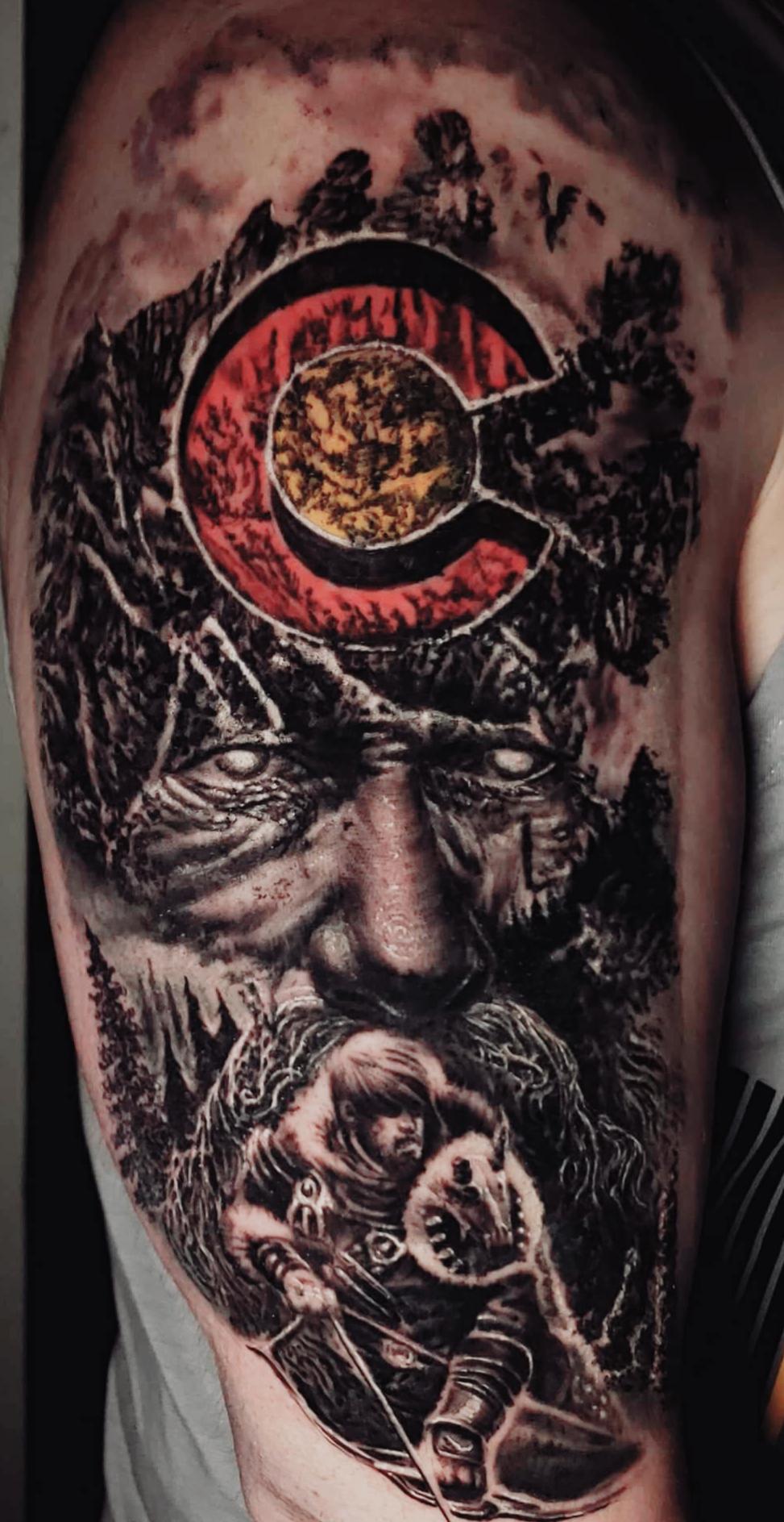1/2 sleeve. Ullr Norse God of winter. tattoo