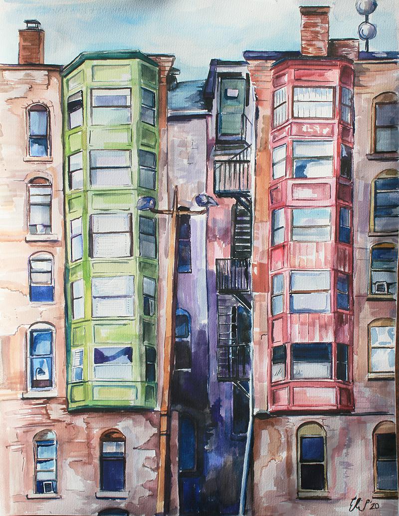 A Watercolor of some colorful apartment buildings near my house r