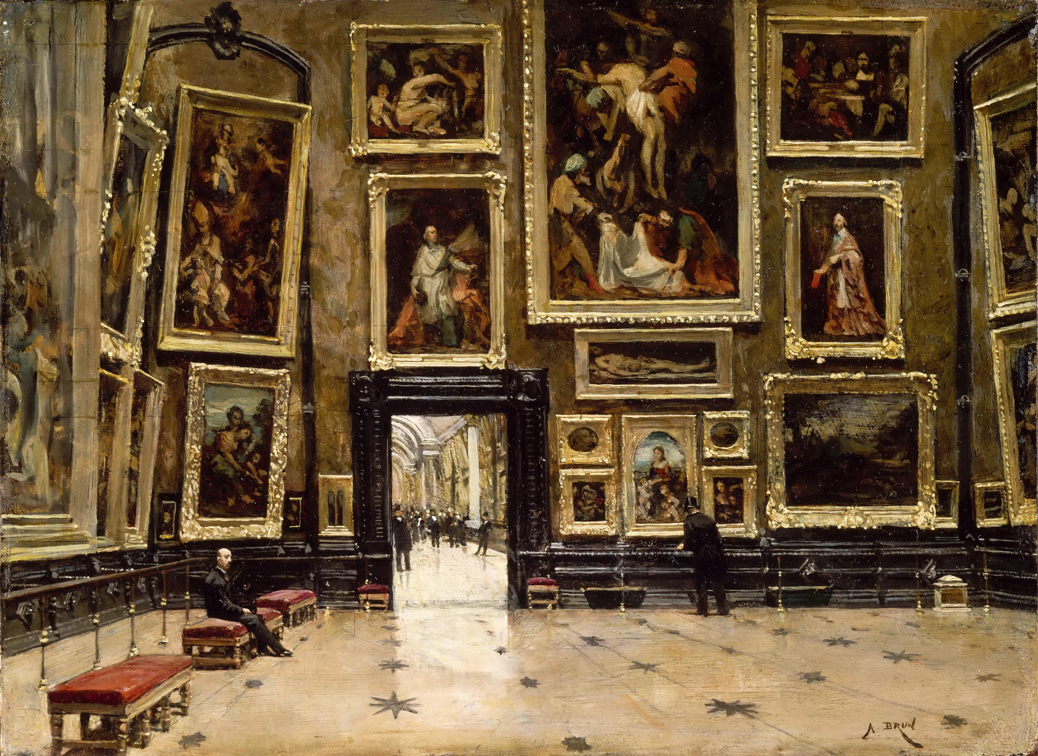 View of the Salon Carre at the Louvre, Alexandre Brun, Oil on Canvas