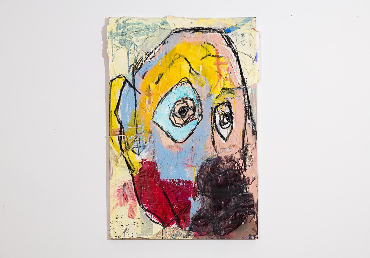 Mullein, me, oil paint, house paint, acrylic paint, and paper collage