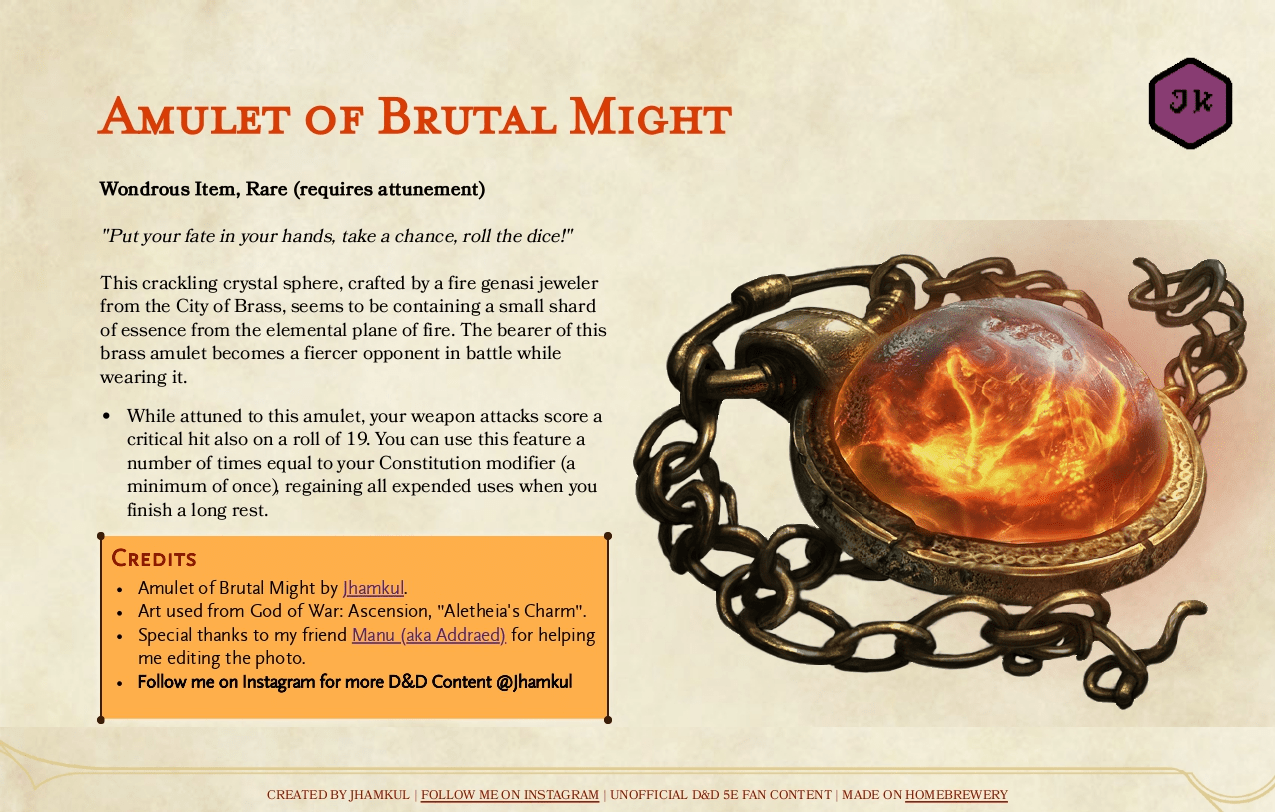 Magic Item Amulet of Brutal Might Items inspired by unpopular 5e