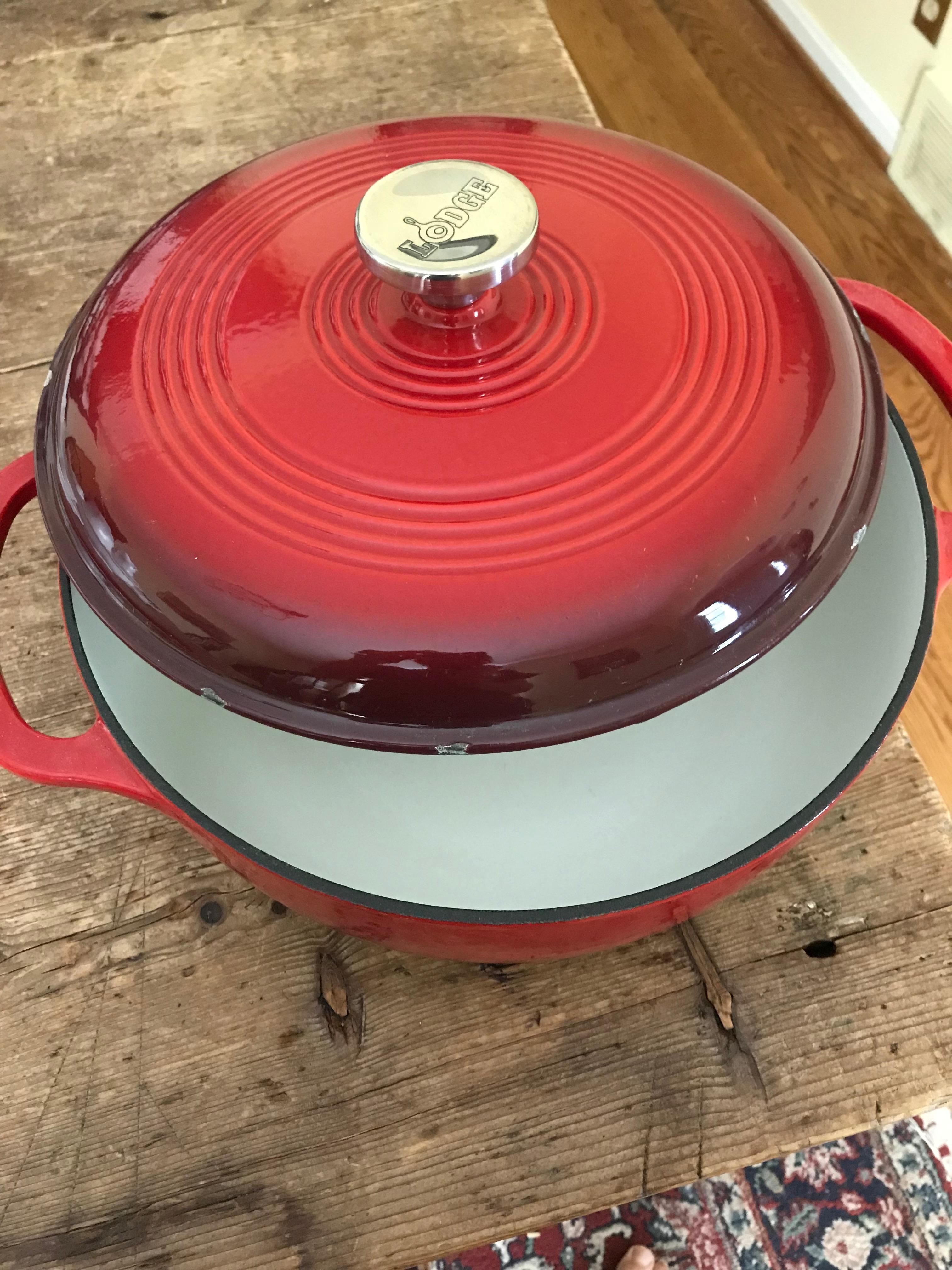 6 qt. Lodge enameled cast iron dutch oven, 14.99 at Goodwill, retails 60. Interior pristine