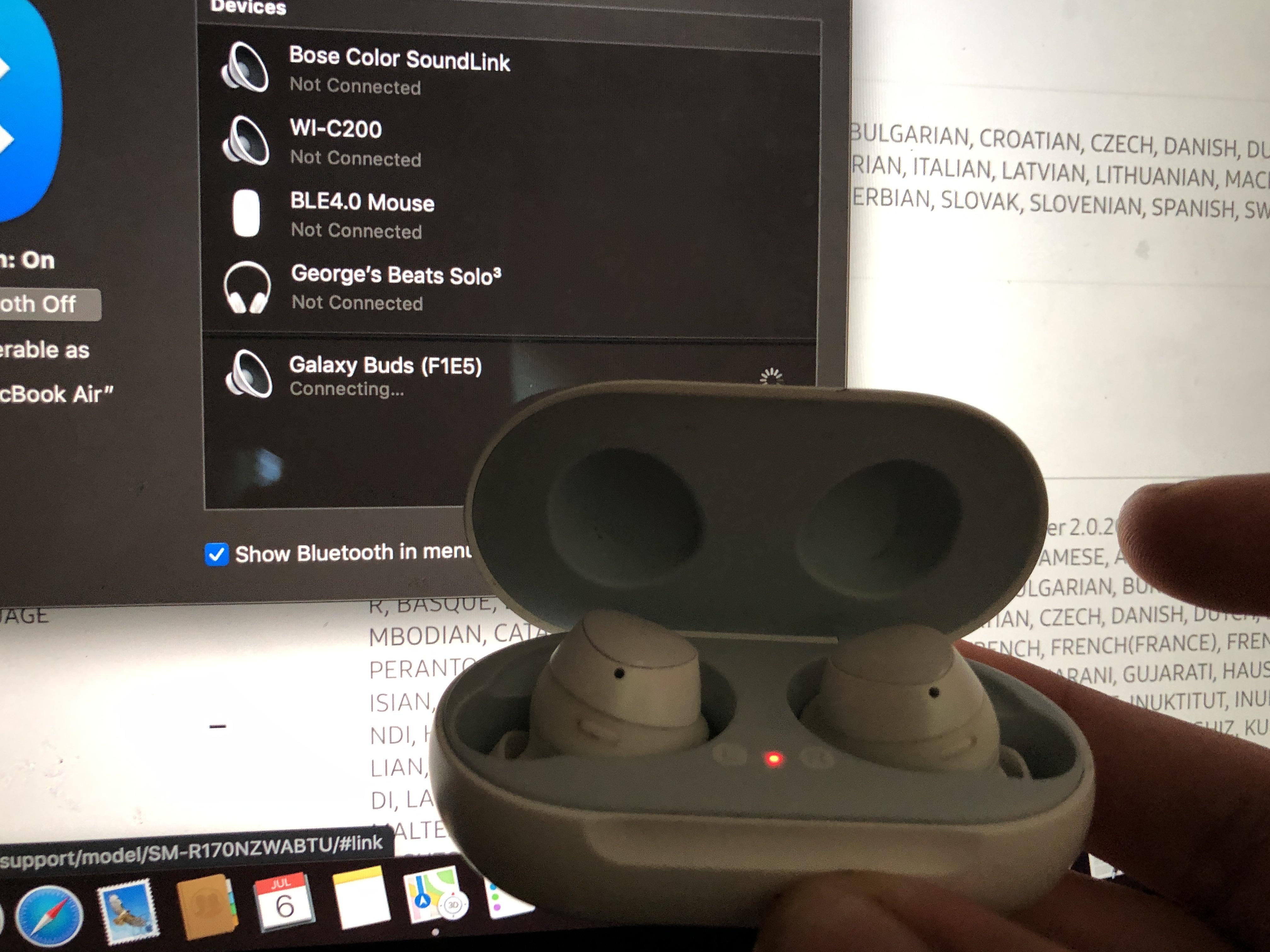 My buds connect fine to my phone but won’t connect to my mac book air
