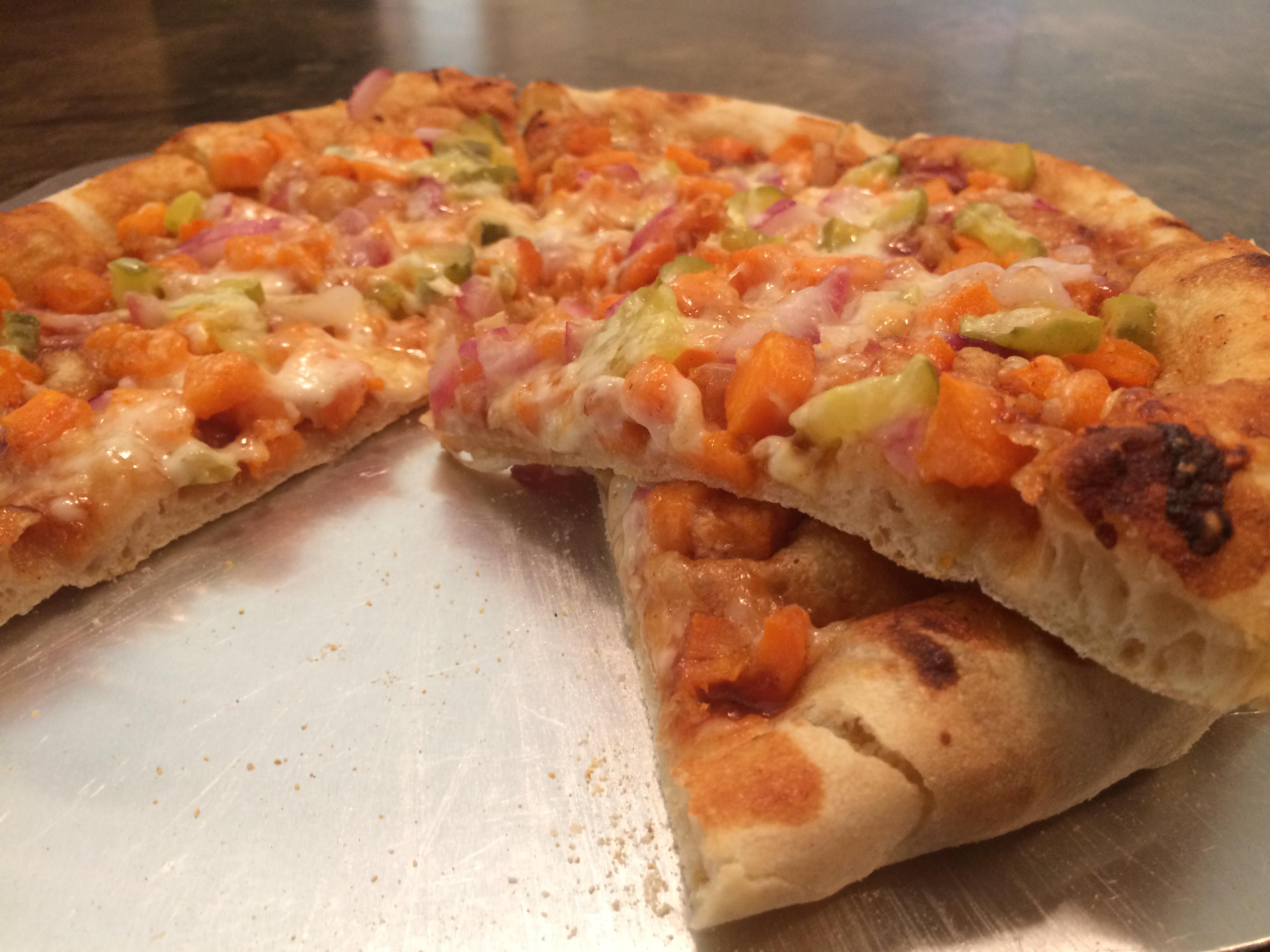 BBQ Pizza with Sweet Potato, Onion, Pickle, and Havarti r/Pizza
