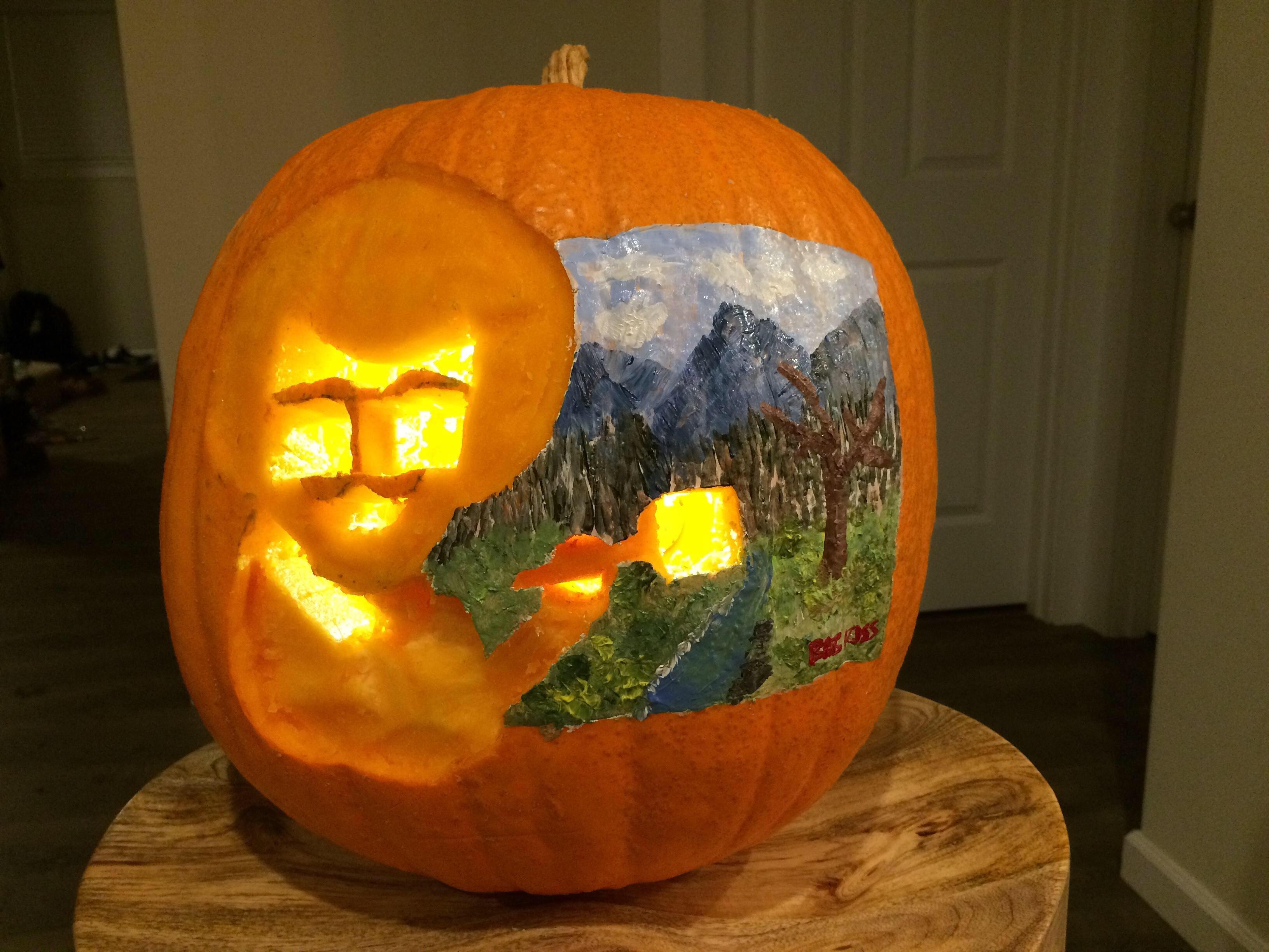 Bob Ross pumpkin for his birthday r/BeAmazed