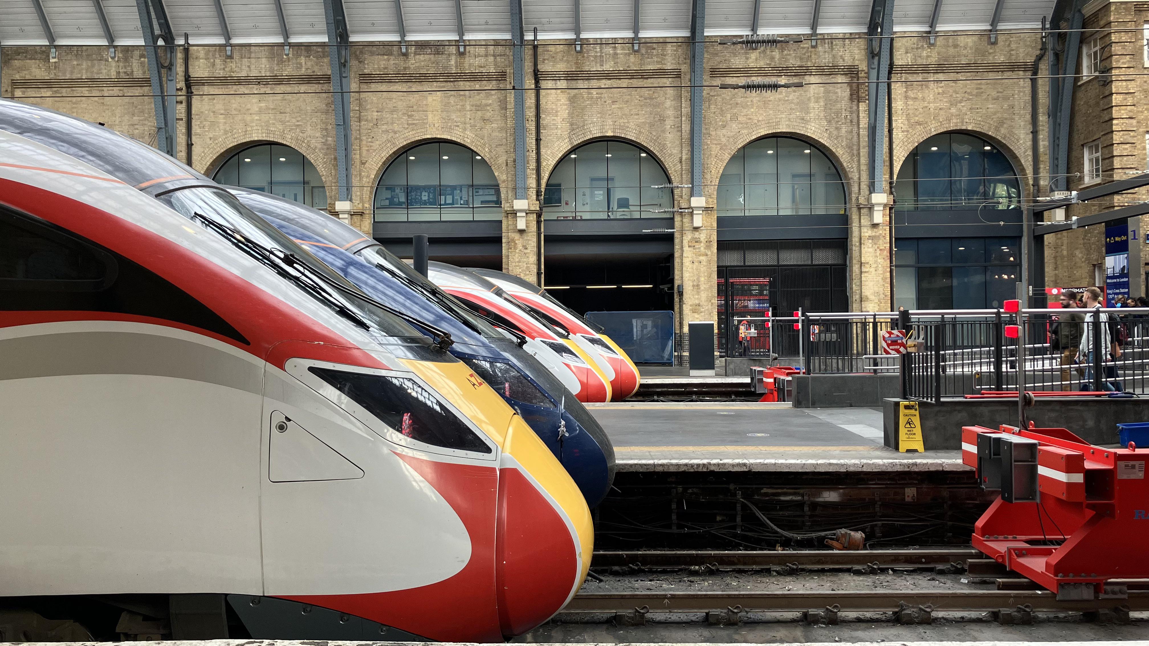 A lineup of Hitachi AT300 trains at London King’s Cross railway