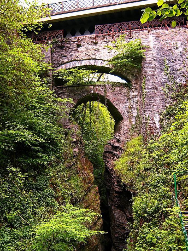 The Devils Bridge in Ceredigion, Wales, comprises three bridges built