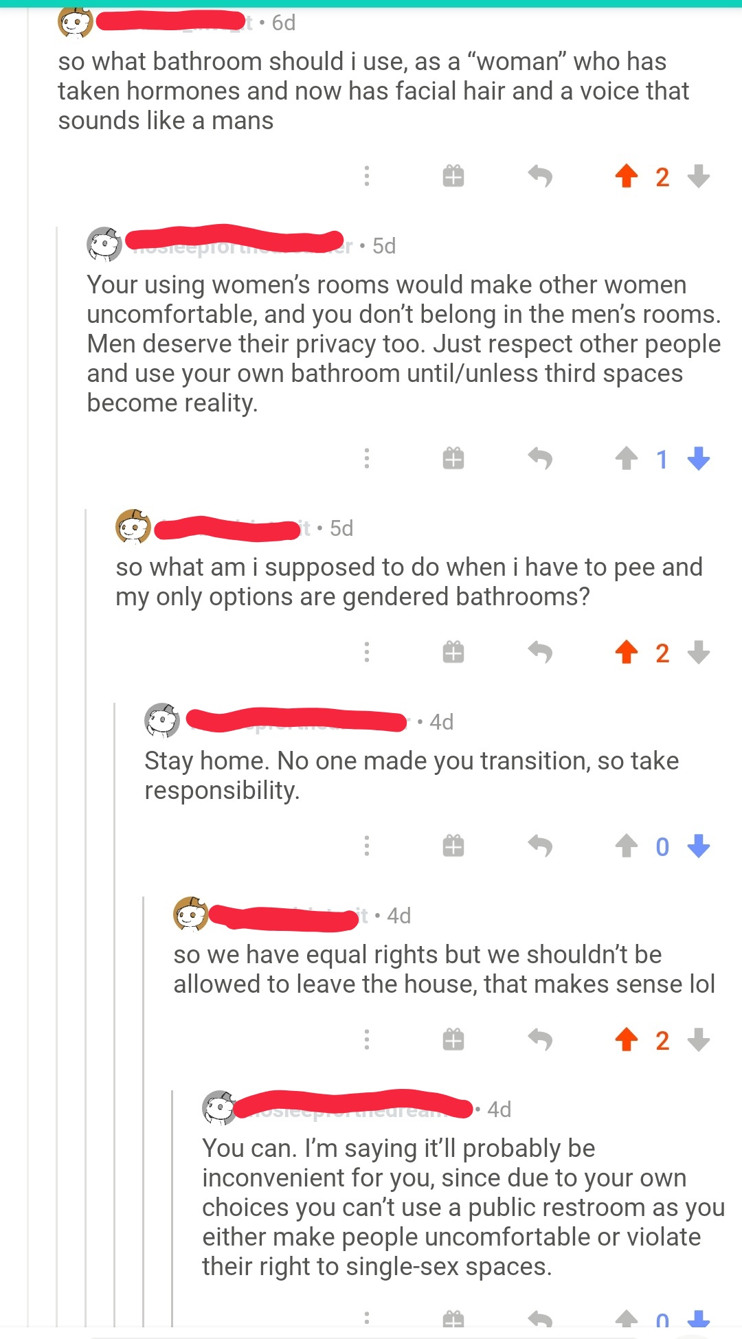 "You have the same rights, but you *chose* to lose bathroom privileges
