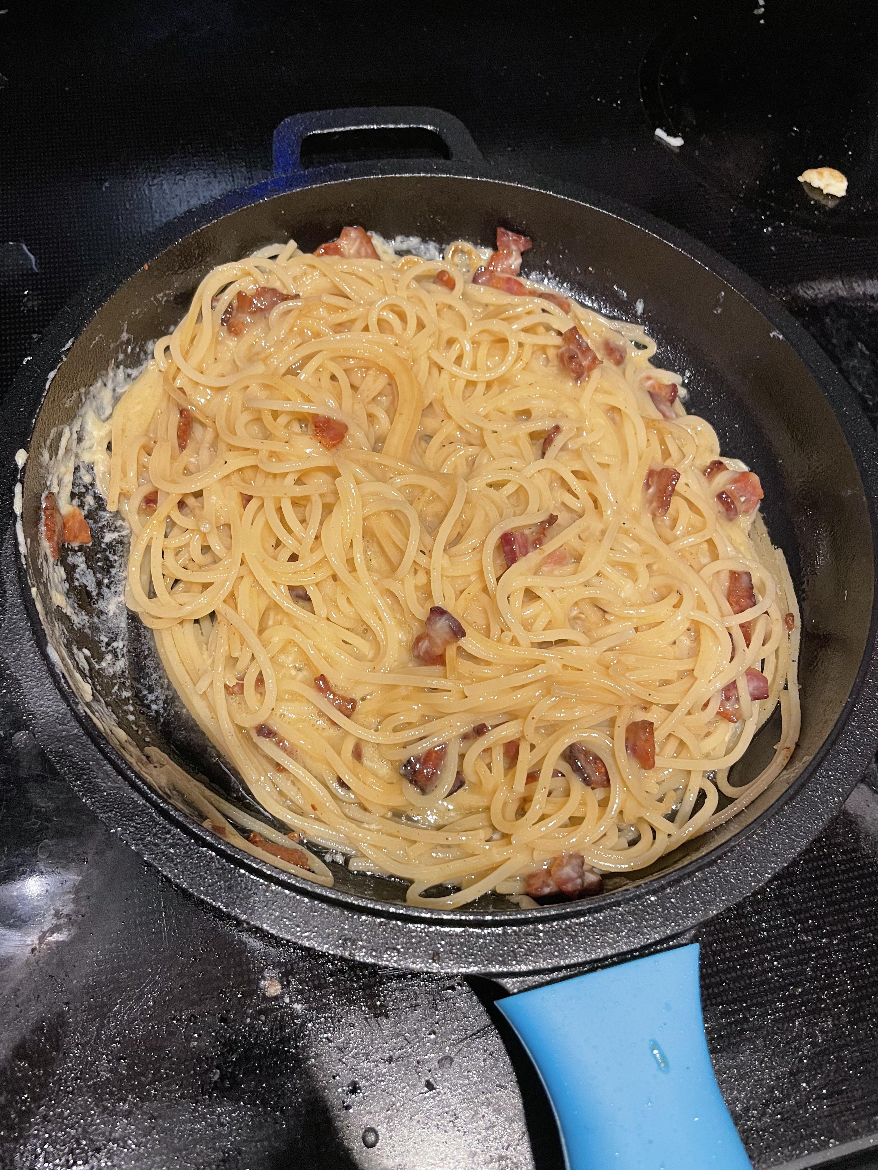 A home made carbonara pasta, finished off in the cast iron! It turned