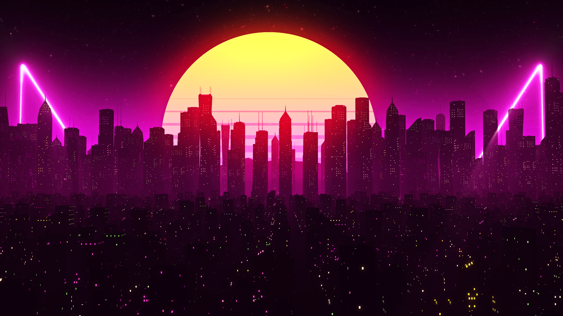 Retrowave City / Moon by Jowdarkangel [1920x1080] r/wallpaper