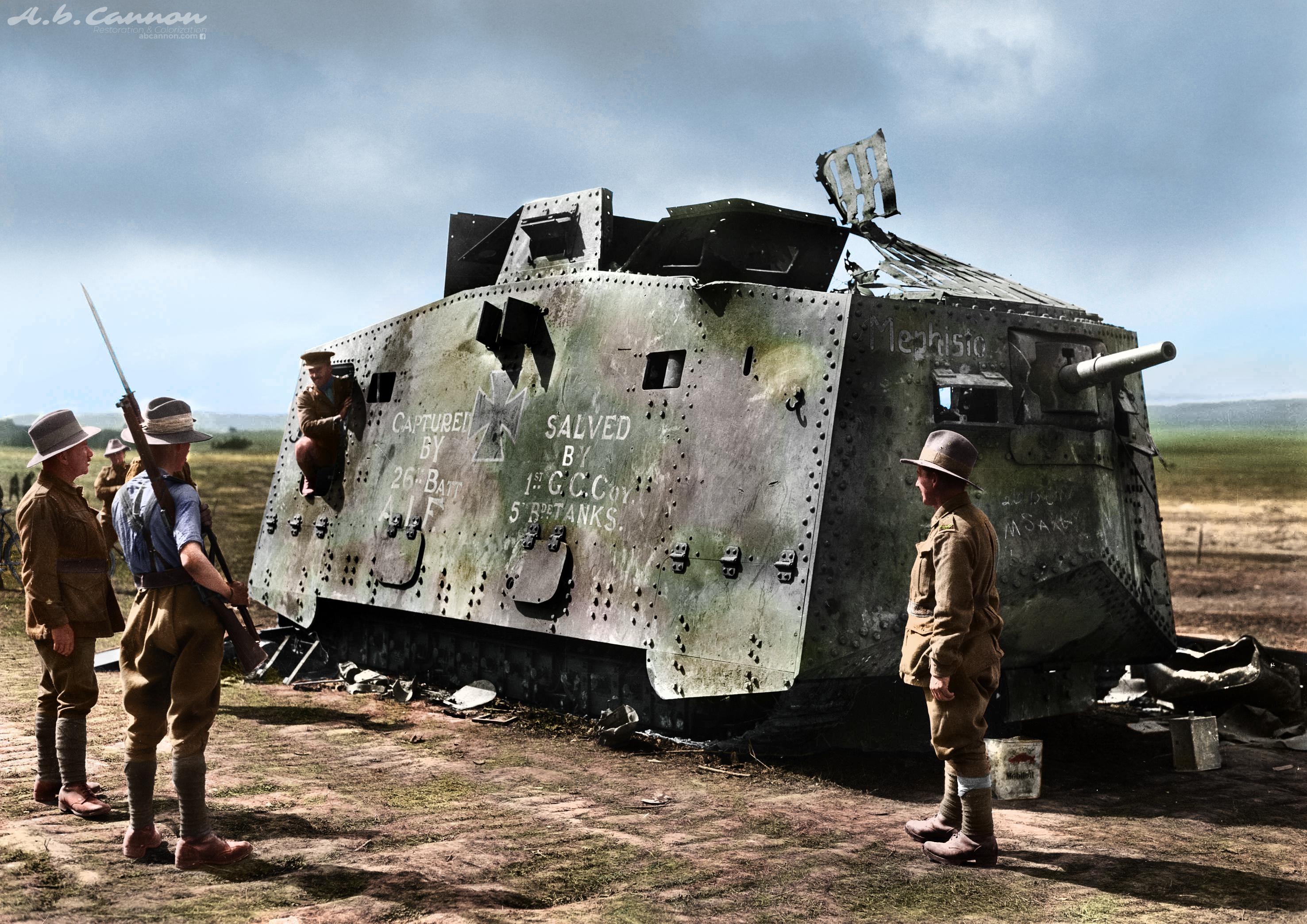 WWI Australian Army Troops capturing a ruined German A7V tank