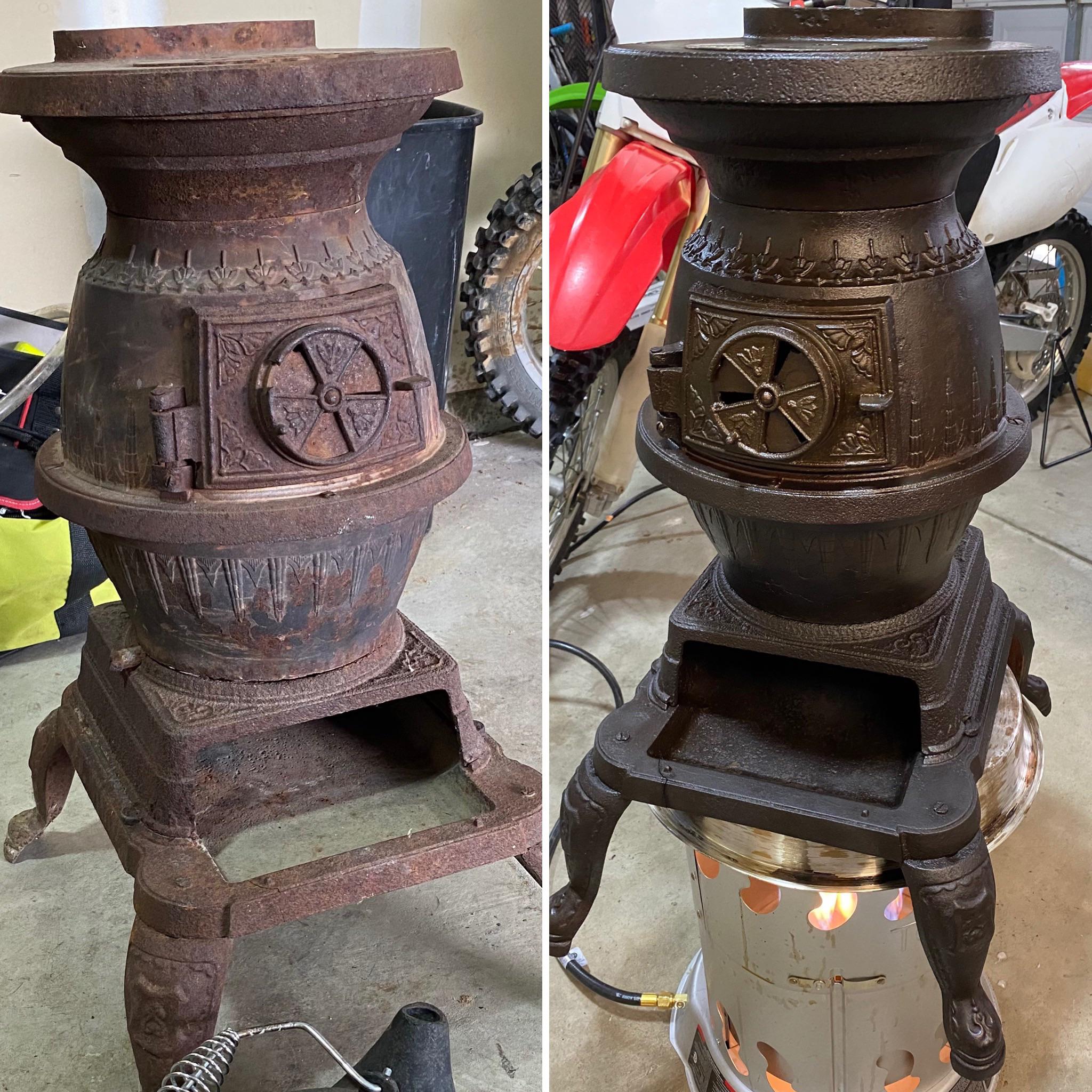 Cast iron potbelly stove restore. Electrolysis, wire brush, and oil