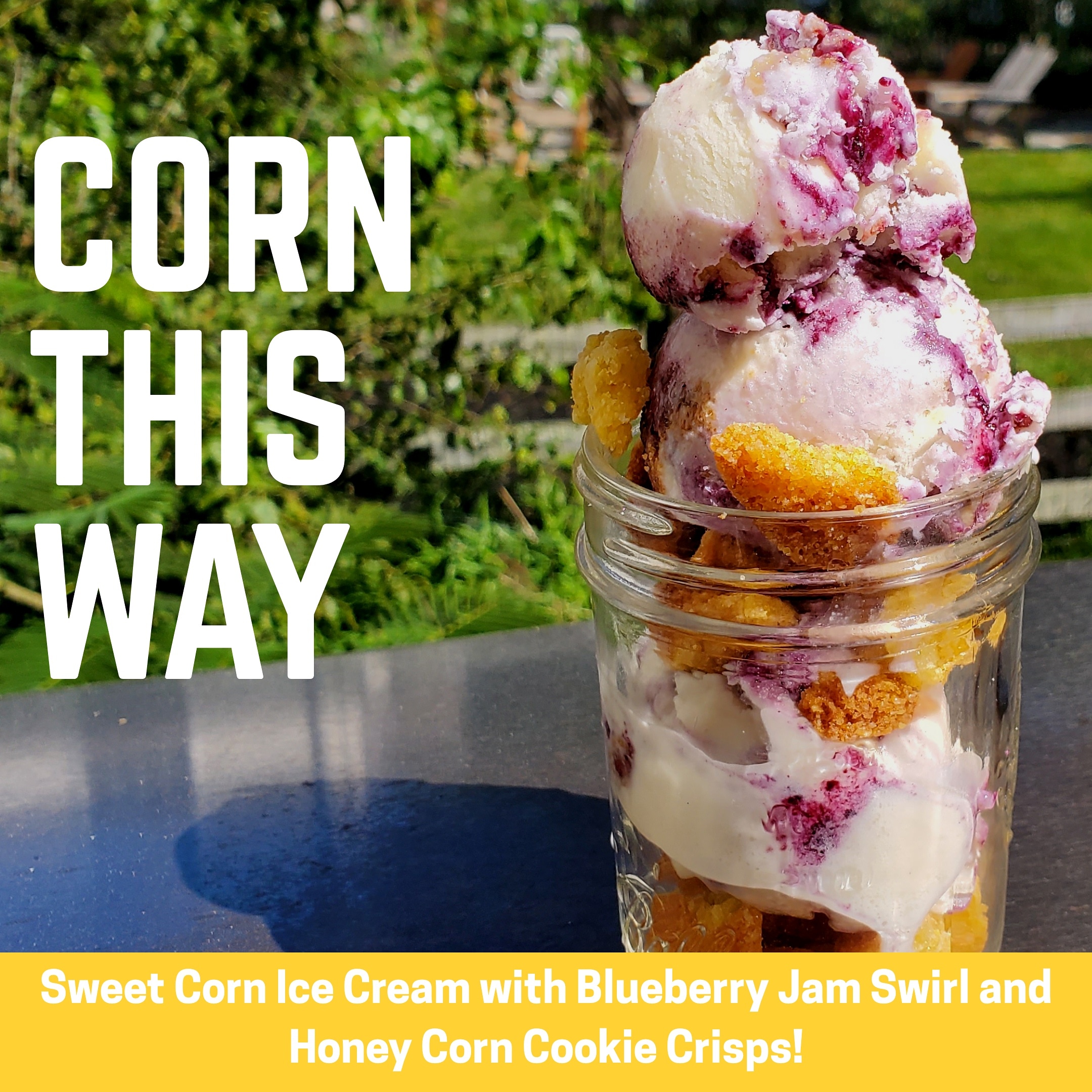 Corn Ice Cream with Blueberry Jam Swirl and Honey Corn Cookie Crisps