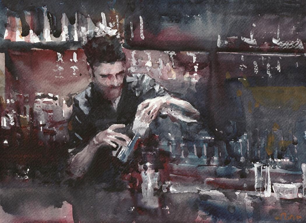 Bartender painting. Watercolor. By me. r/bartenders
