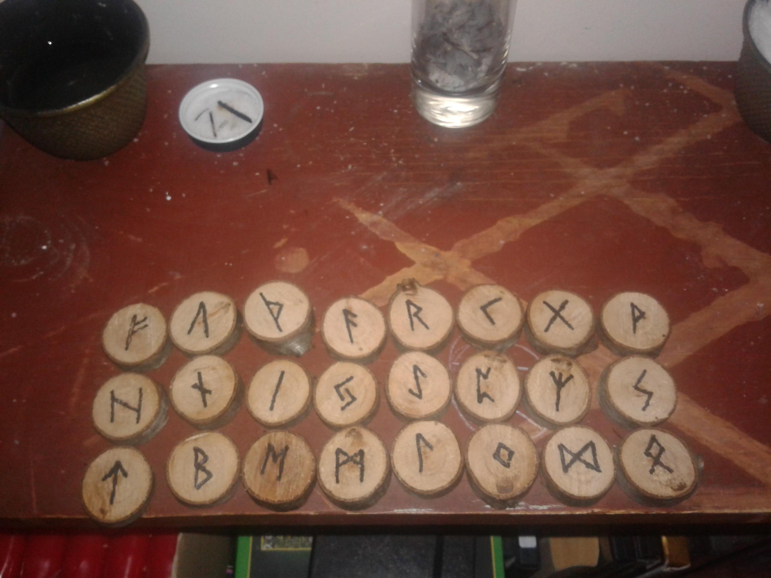My newly made set of runes. Created from a branch of a cherry tree I