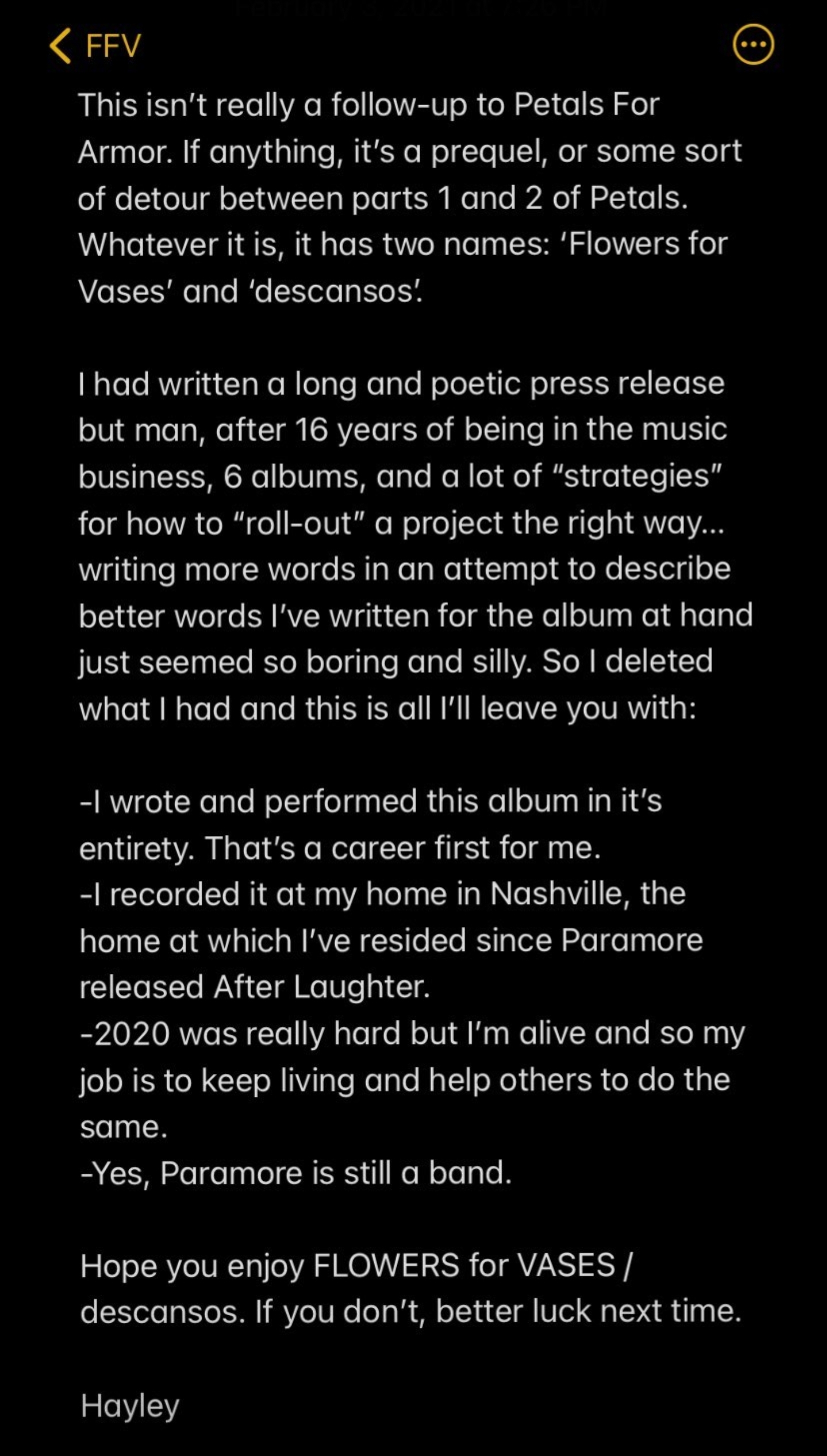 Hayley Williams FLOWERS for VASES / descansos Lyrics and Tracklist