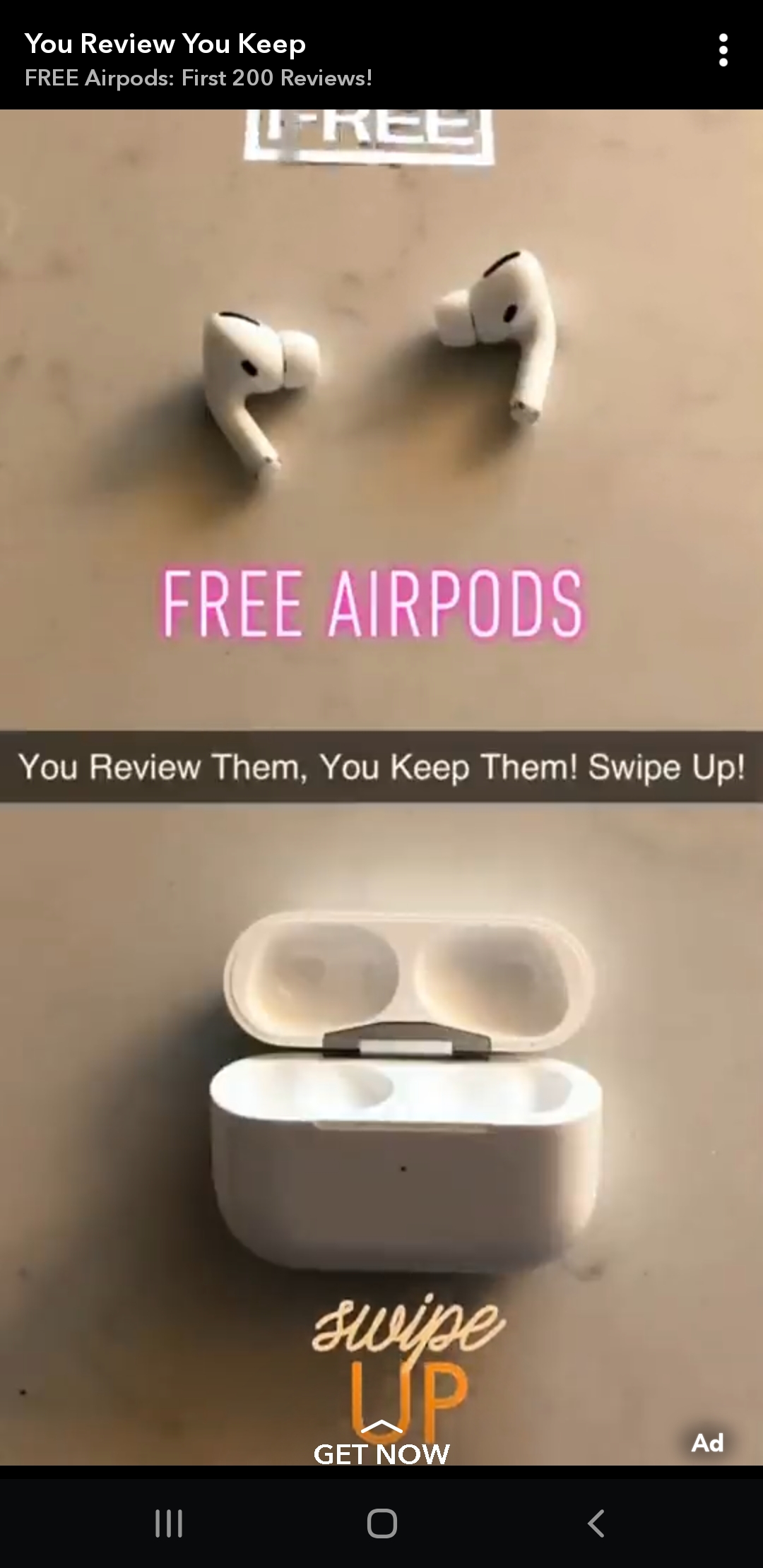 This snapchat add offering fake airpods, labelled as real, for free