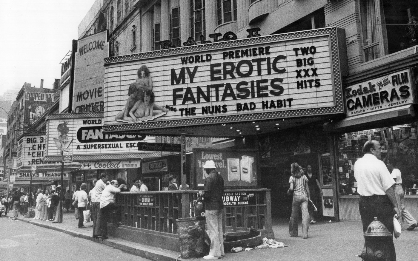 Adult theaters on 42nd St, Times Square, New York City. 1977. [1400x875