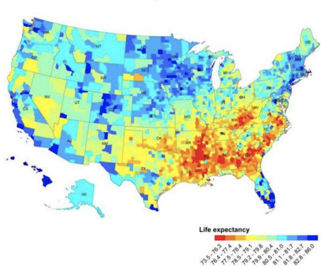 Life expectancy in each US county. r/MapPorn