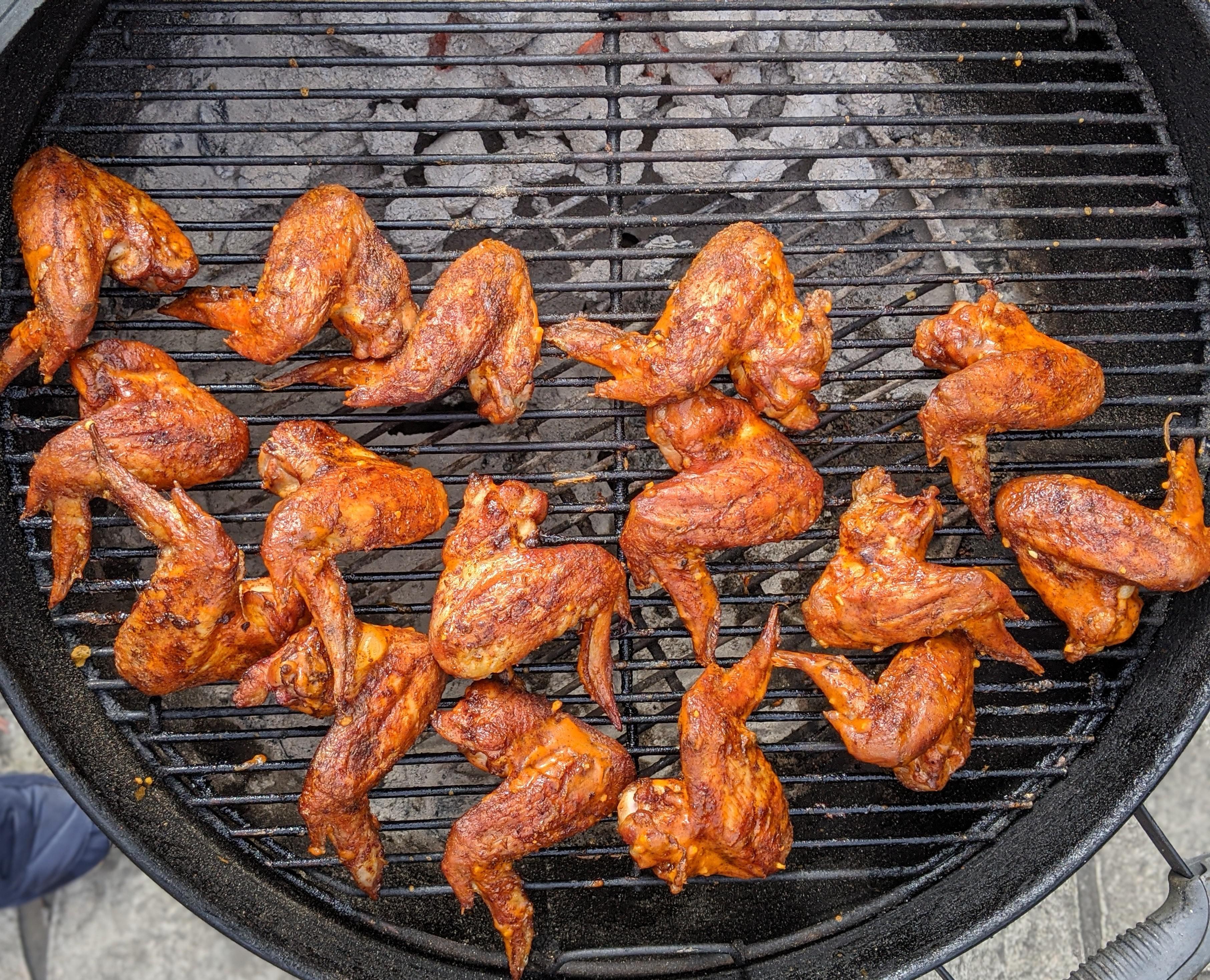 Chicken wings smoked with pecan chunks at 180 for about an hour then