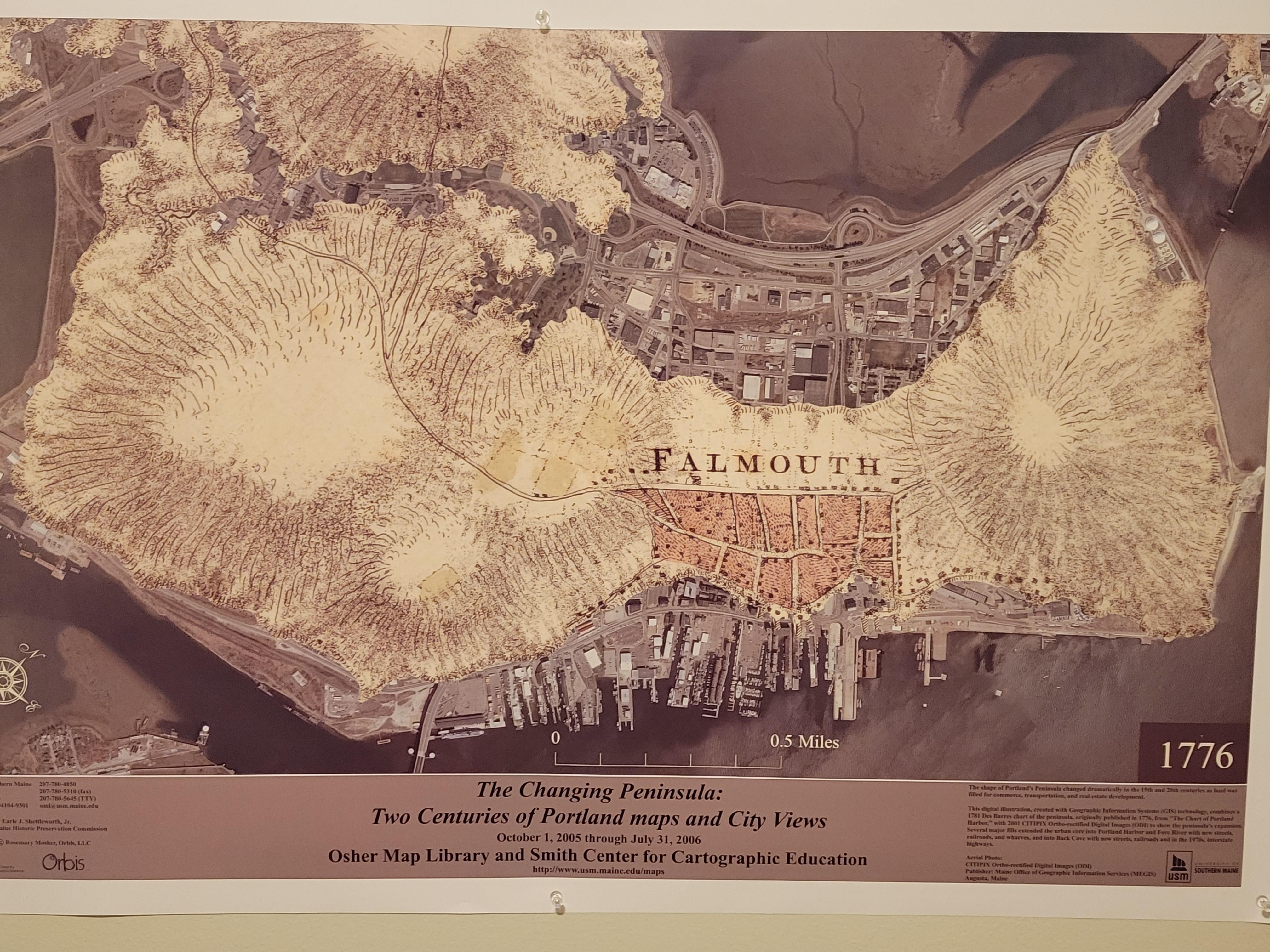 A 1776 Map of Falmouth, Maine, superimposed over a modern map of