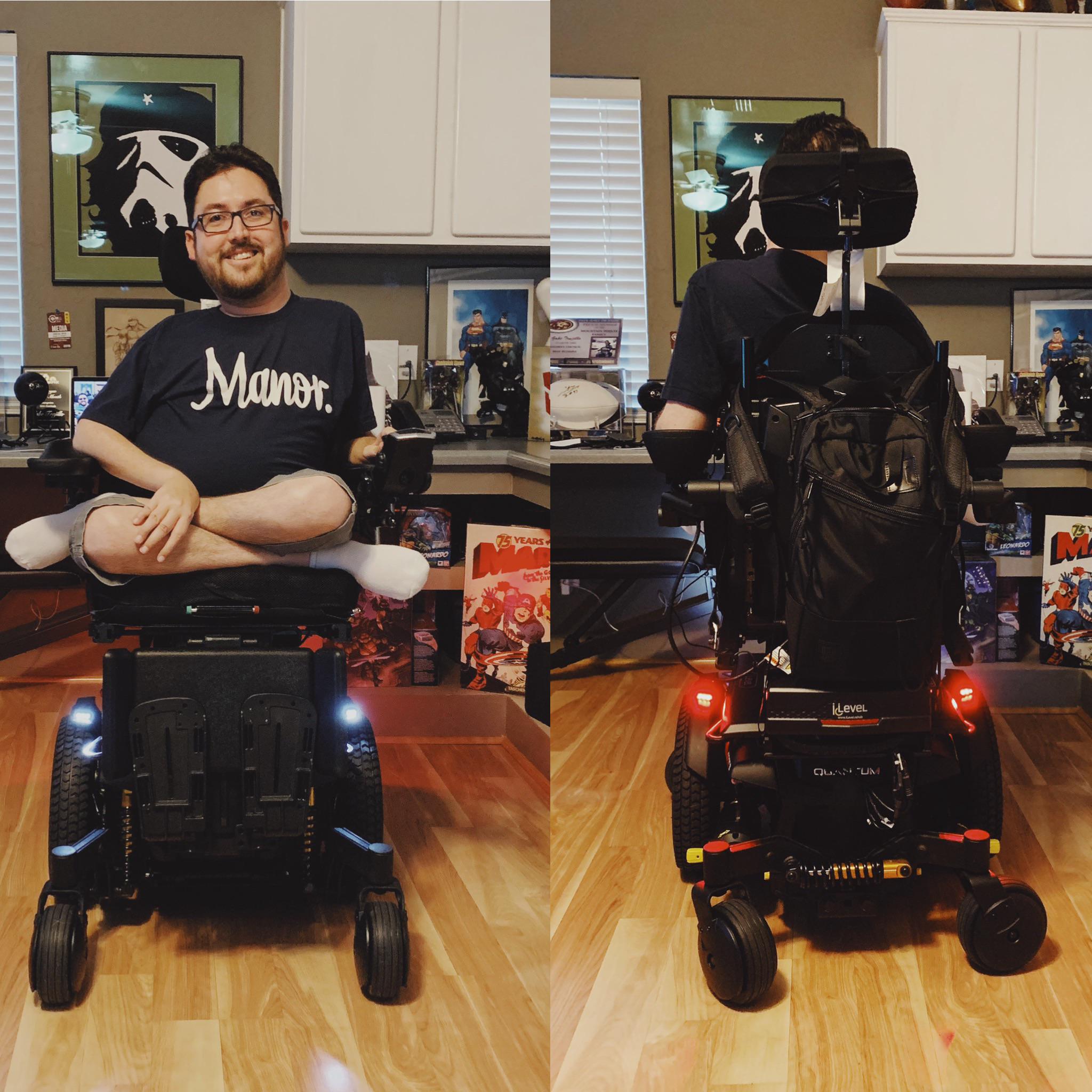 My new wheelchair has headlights and taillights. Night rolling, here I