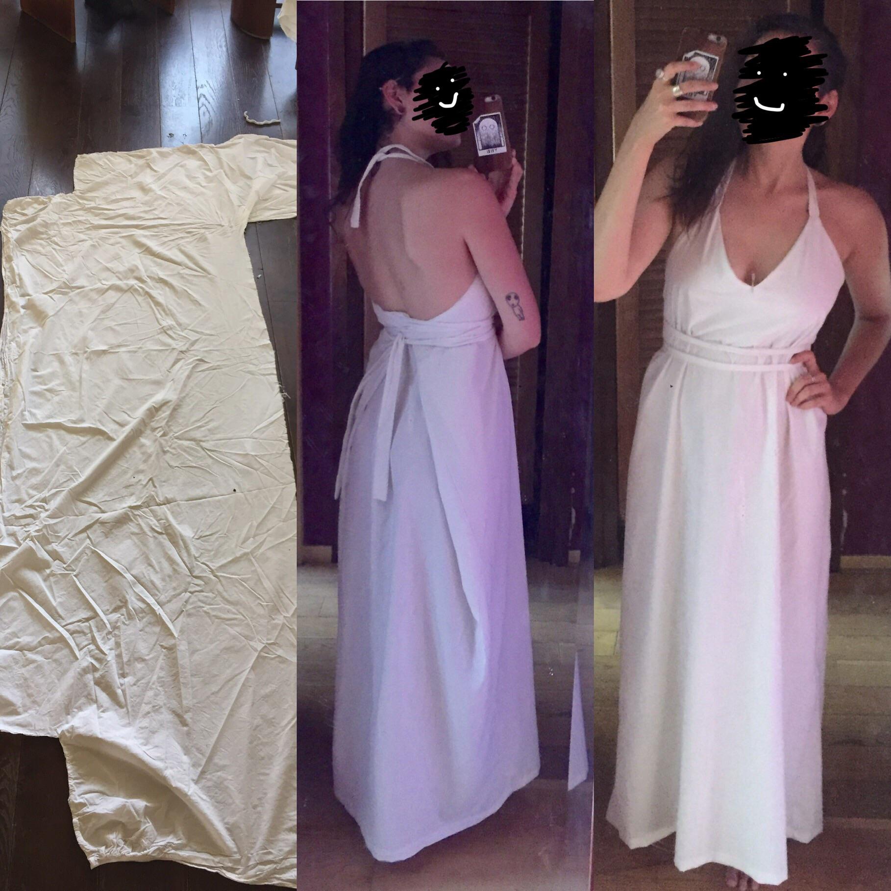 I made a dress out of an old bed sheet that had holes r/upcycling