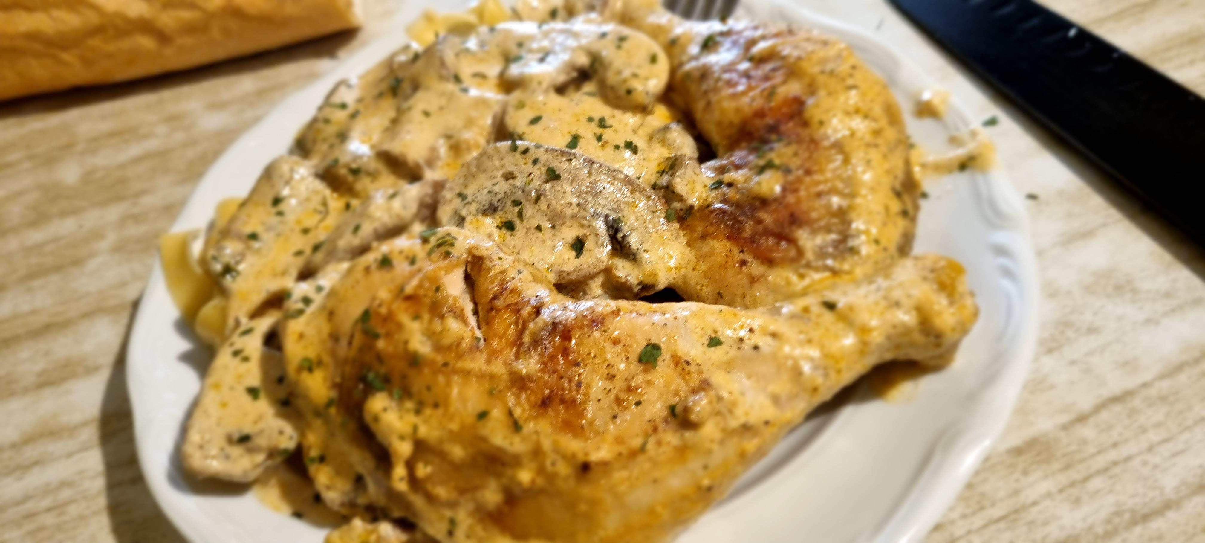 Chicken thighs, mushroom white wine sauce, egg noodles. r/tonightsdinner